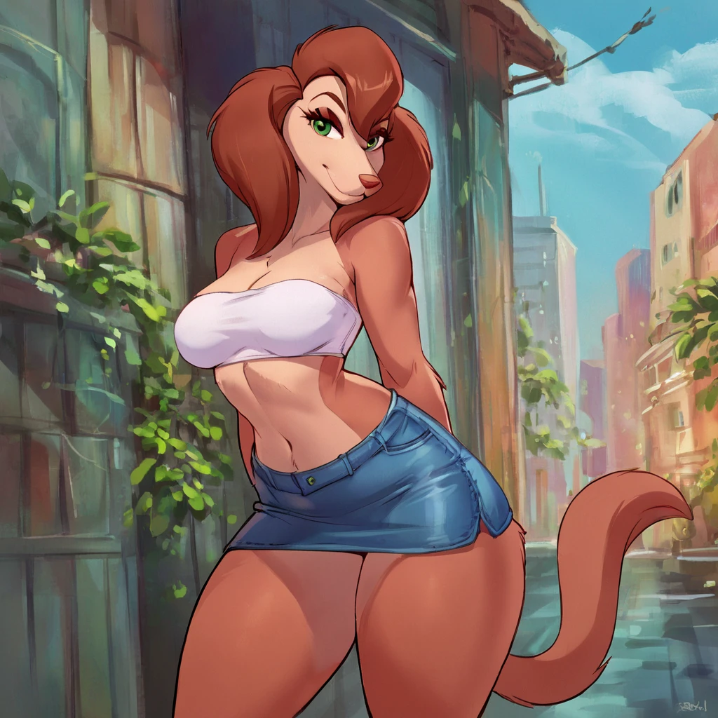 score_9, score_8_up, score_7_up, score_6_up, score_5_up, score_4_up, (Source furry), (rating safe),  <lora:Sashalafleurxl:0.8>, sasha la fleur, solo,  brown hair, brown fur, body fur, green eyes, female, anthro, furry, furry female, wearing tube top, skirt, navel, anthropomorphic, large breasts, outside, city, tail,  wide hips, thick thighs, anime style, <lora:reiq_style:1>