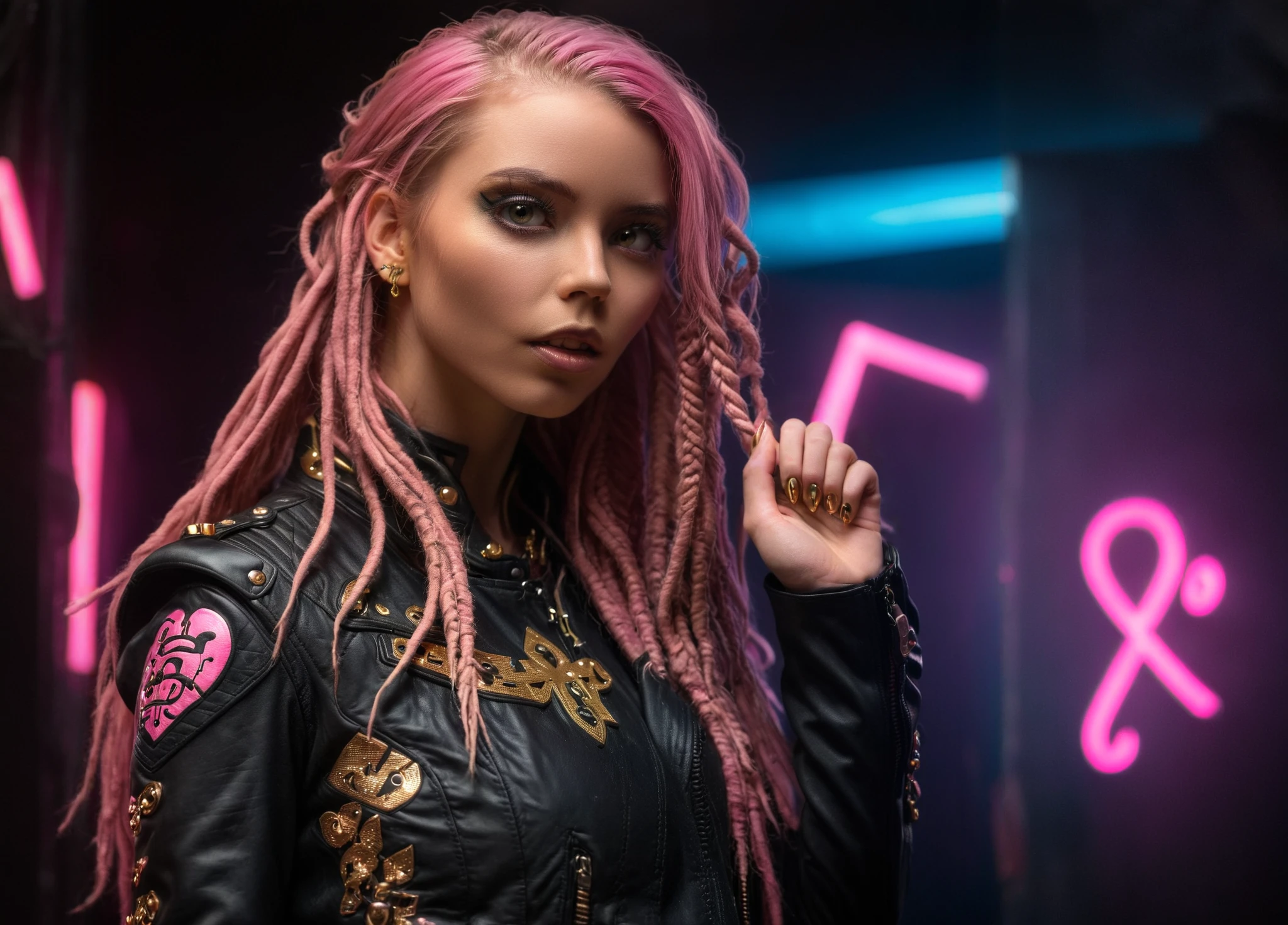 (gothic girl with long pink dreadlocks with golden embellishments, piercings, tattoos, black leather jacket, seductive eyes, seductive look, (looking at viewer:1.5), close-up, from below), reaching for viewer, <lora:SDXLFaeTastic2400:0.3> <lora:zavy-cntrst-sdxl:0.3> dark, chiaroscuro, low-key, in a neon rave party, <lora:anya_lora_sdxl_v1:1> ohwx woman, ohwx