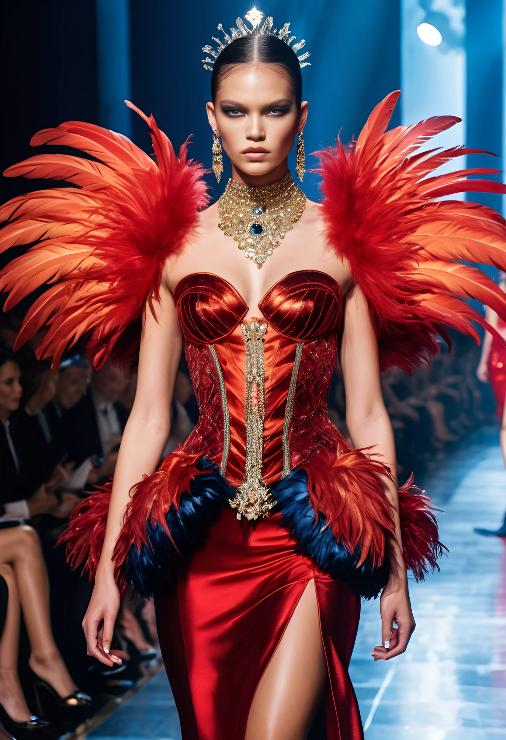 extravagant high fashion show concept featuring elaborate costumes with feathered details and sparkling jewels, runway, fashion designer inspiration, style of gaultier and gianni versace, deep vibrant colors, strong directional light sources, catwalk, heavy diffusion of light, highly detailed, top trend in vogue, art by lois van baarle and loish and ross tran and rossdraws, Artstation, front row view, full scene, elegant, glamorous, intricate, sharp focus, haute couture