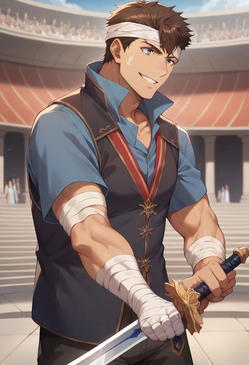 score_9, score_8_up, score_7_up, 
1boy, solo, adult, brown hair, blue eyes, dark vest, blue shirt, bloodied bandage, head bandage, smile, holding sword, coliseum
masterpiece, best quality, very aesthetic, absurdres