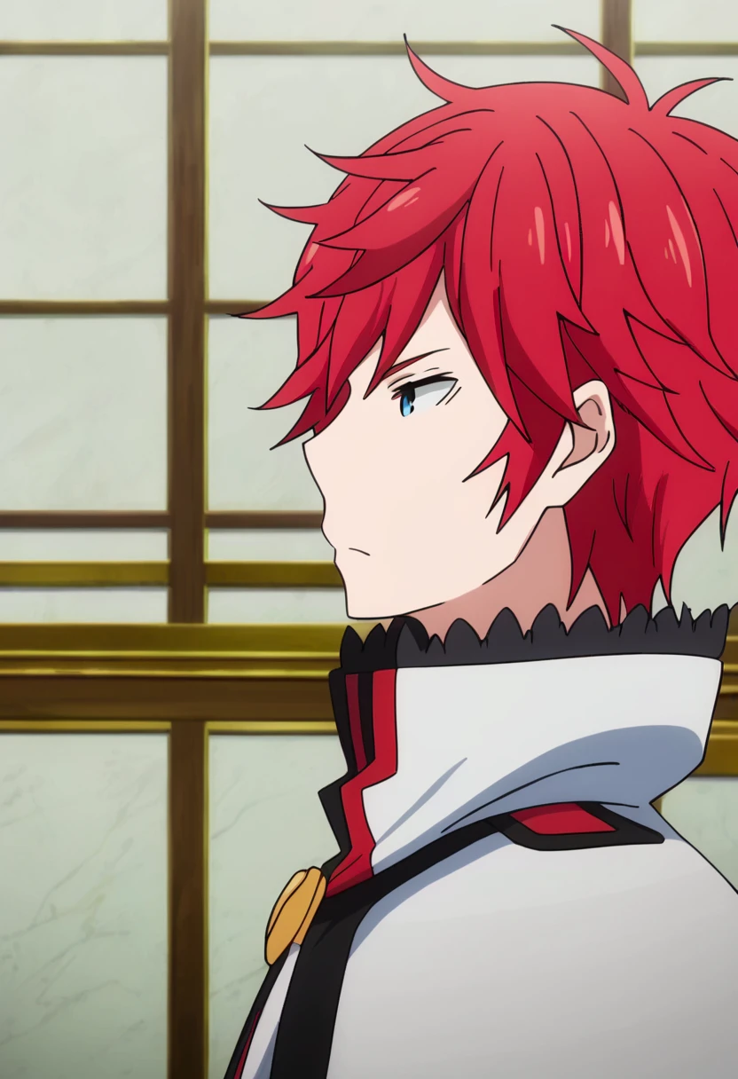 <lora:reinhard_van_astrea:1> reinhard van astrea, 1boy, male focus, solo, red hair, upper body, blue eyes, anime coloring, profile, from side, capelet