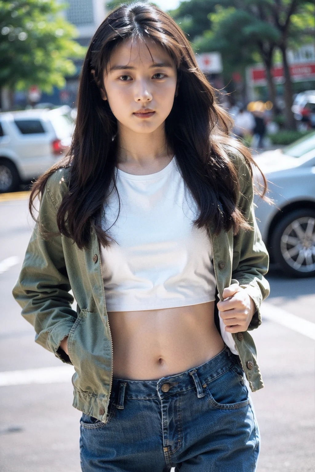 Best quality, masterpiece, ultra high res, (photorealistic), raw photo,1girl, skinny, cowboy shot,solo, realistic, looking at viewer, long hair, bokeh background, city streets,brown eyes, tshirt, jeans, navel, leather jacket, <lora:makina69_izumisakai_v1.0:1>, long hair