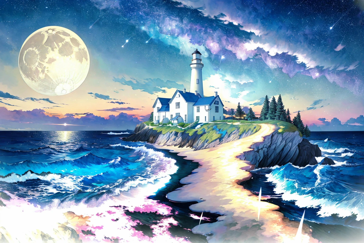 masterpiece, ultra-detailed, best quality, illustration, 8k cg wallpaper, an extremely delicate and beautiful, stunning landscape, beach, lighthouse, moon, stars, clouds, intricately detailed items in background, <lora:Beyond_Eyes:1>