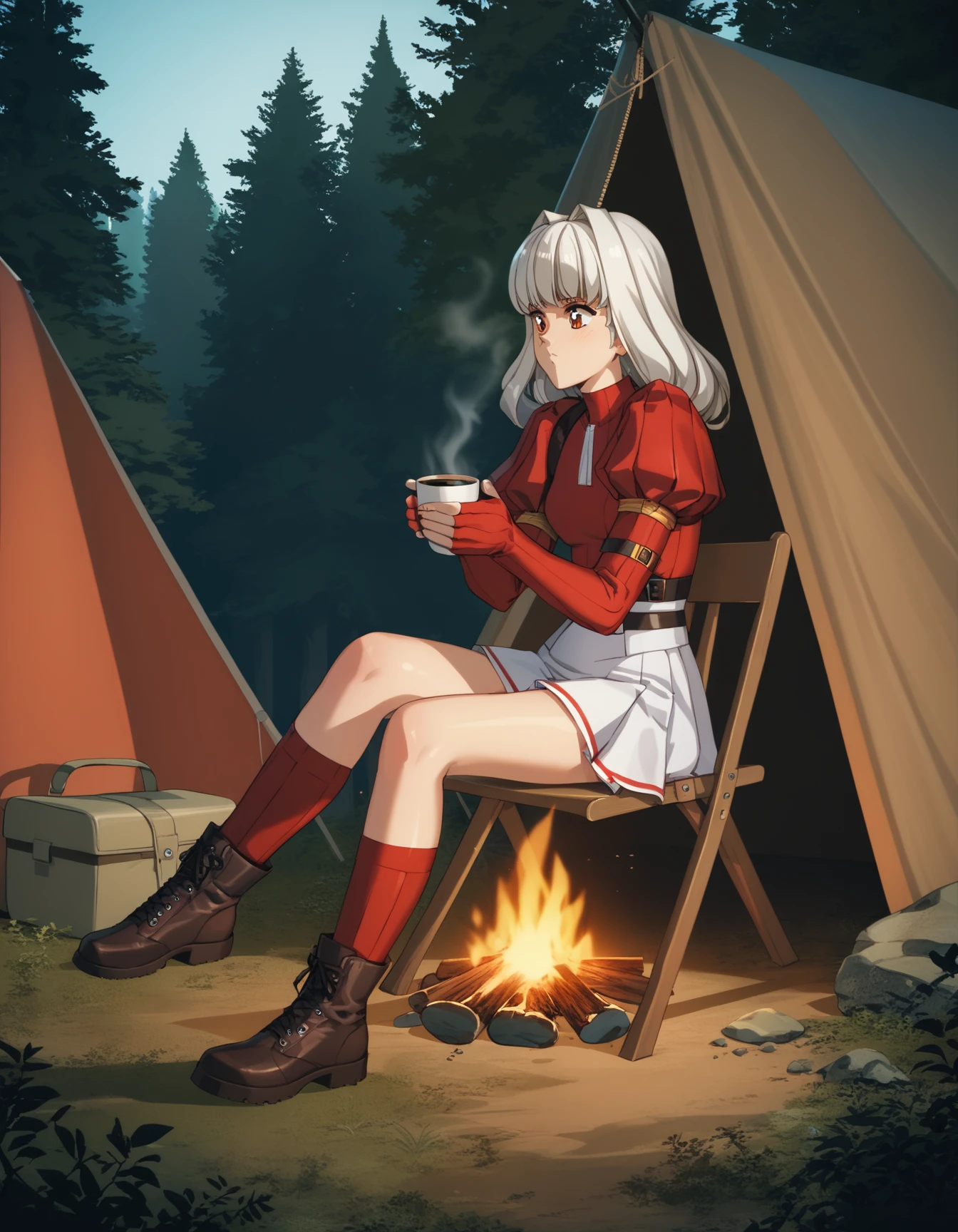 score_9,  score_8_up, score_7_up
<lora:charlone-growlanser-ponyxl-000020:1> charlone claudius, red sleeves, red shirt, juliet sleeves, microskirt, white skirt, fingerless gloves,
1girl, solo, holding coffee, sitting, outdoors, chair, tent, forest, campfire