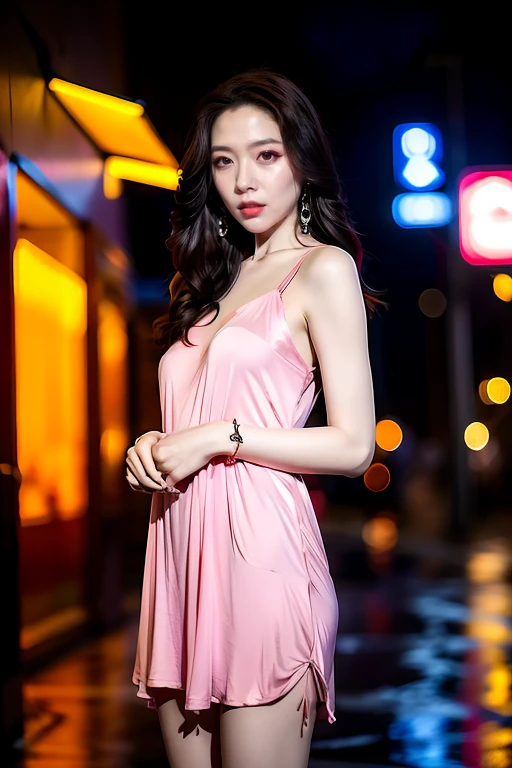 4k,best quality,(masterpiece:1.1),<lora:add_detail:0.5>,<lora:sl-mengxinyue V7:0.8> ,mengxinyue,realistic,glowing neon lights,ring,earrings,nightgown,looking_at_viewer,street,