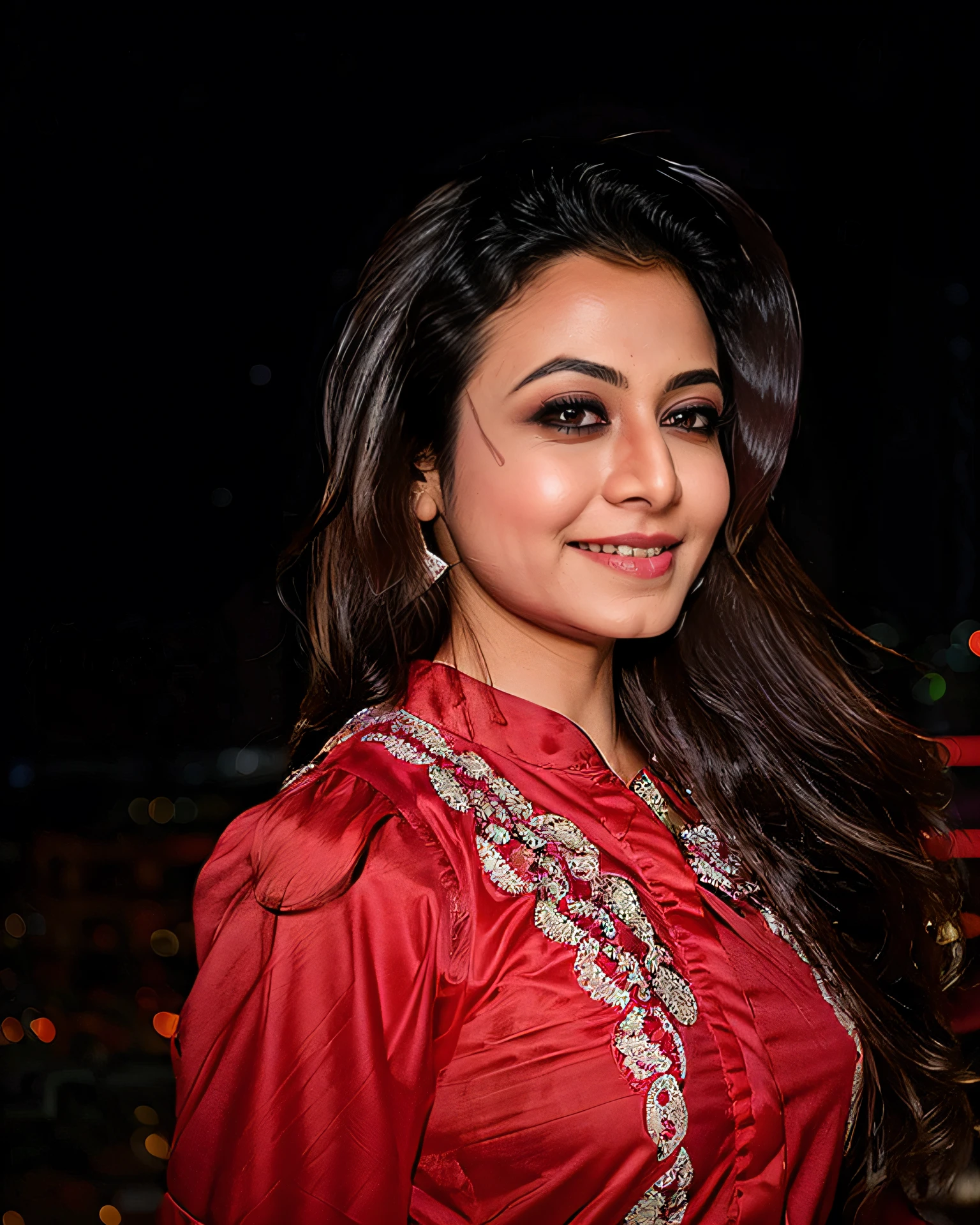 professional potrait photo of a 30-year-old woman, koel, conservatively dressed in intricate Burgundy clothing, laughing, solo, night time, city lights bokeh   <lora:koel_Koel_Mallick_SD15_LoRA_prodigy_local_regs-000003:1>