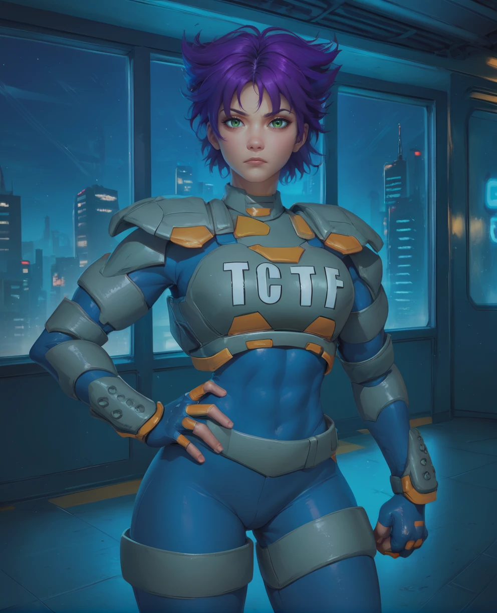 score_9,score_8_up,score_7_up,score_6_up,score_5_up,score_4_up,
Konokoxl,purple hair,bangs,green eyes,short hair,TCLF,armor,toned,
bodysuit,grey shoulder pads,fingerless gloves,hands on own hips,
science fiction,night,police station, cityscape,    indoors,  
<lora:KonokoXL:1>,