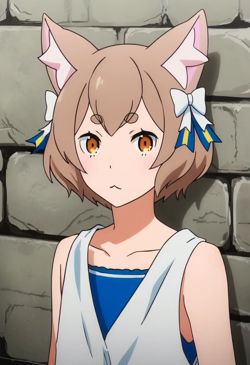 <lora:felix_argyle:1> felix argyle, tunic, 1boy, male focus, animal ears, solo, brown hair, looking at viewer, cat ears, hair bow, bow, upper body, thick eyebrows, otoko no ko, short hair, closed mouth, collarbone, brown eyes, sleeveless, ribbon, white bow, stone wall, bangs, striped ribbon, shirt