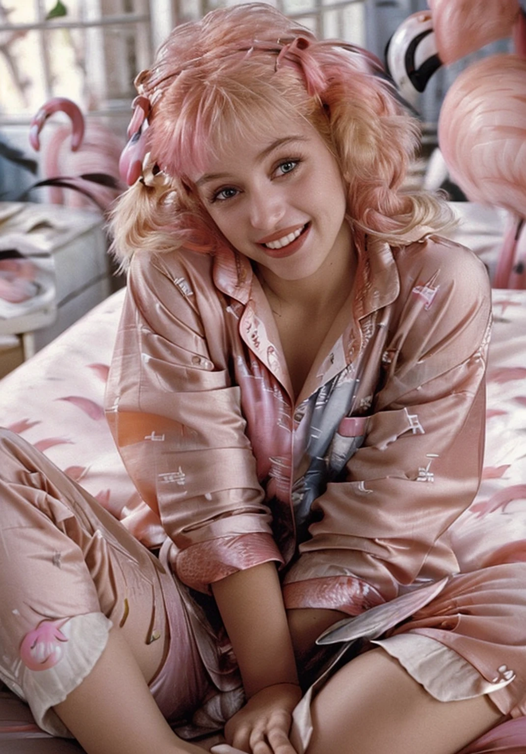 cinematic photo, (Extreme close-up:1.1), barbiedahl123 woman  with messy ginger hair is sitting in bed holding her pillow, (pajamas with flamingos on them:1.3), in the early morning, tired, smiling, natural light, realistic . 35mm photograph, film, bokeh, professional, 4k, highly detailed, <lora:breastsizeslideroffset:-0.4>, <lora:barbiedahl123:1>,