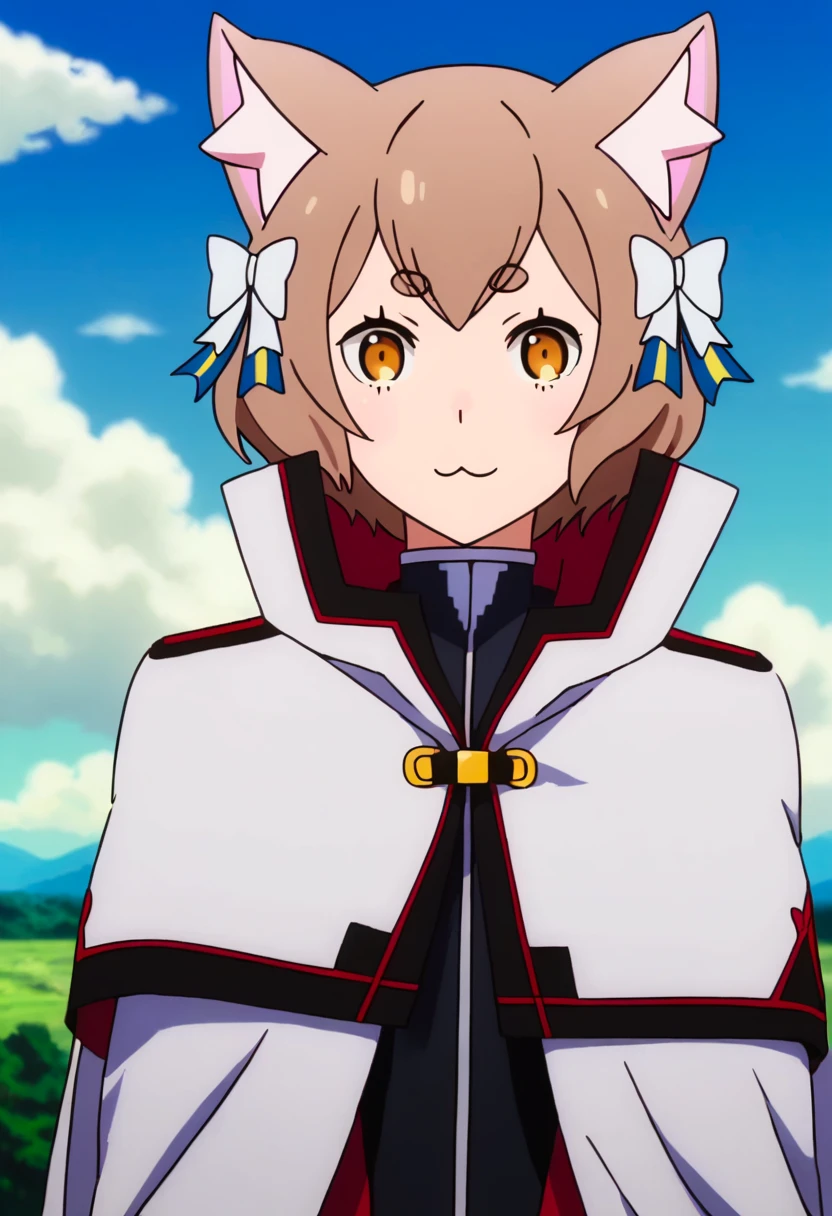<lora:felix_argyle:1> felix argyle, knight, animal ears, :3, 1boy, cat ears, male focus, solo, looking at viewer, cloud, sky, brown hair, parody, day, hair bow, bow, blue sky, outdoors, anime coloring, otoko no ko, cape, closed mouth, thick eyebrows, short hair, smile, style parody, upper body, brown eyes, white cape, yellow eyes