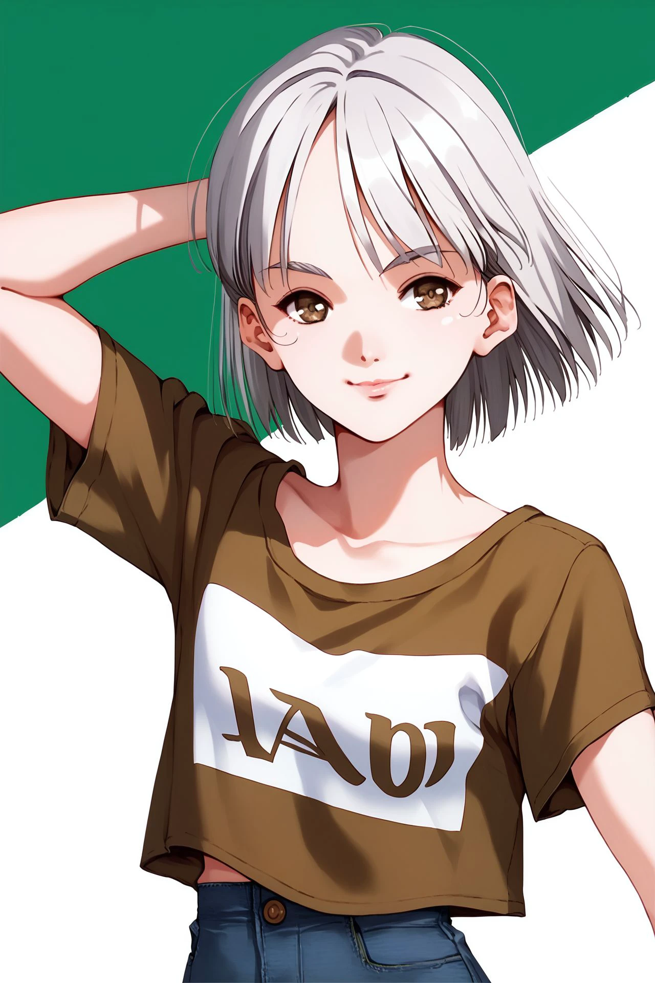 score_9, score_8_up, score_7_up, 1girl, kind smile, looking at viewer, silver hair, short_fringe, beige eyes, flat chest, arm_up, drama_layer, <lora:Mikimoto_Haruhiko_PonyXL_style_v01:1>