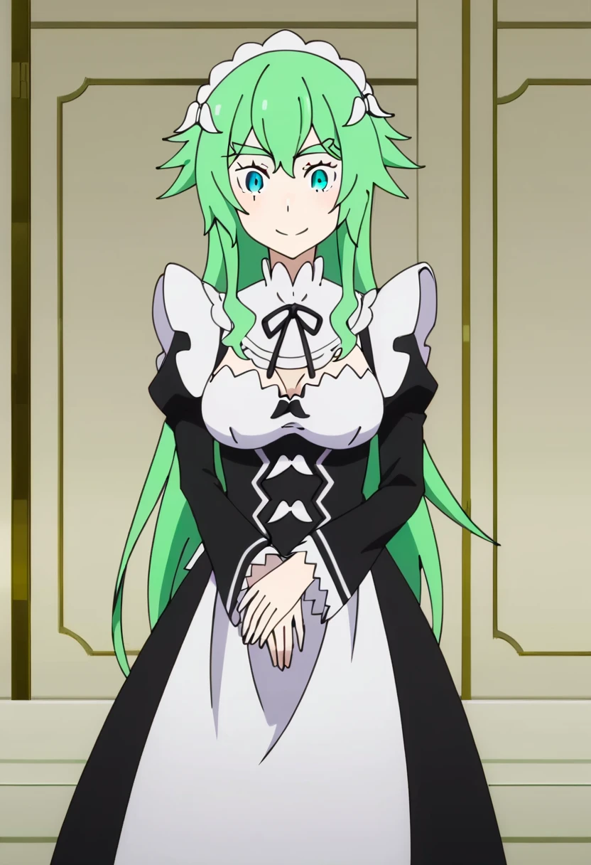<lora:frederica_baumann:1> frederica baumann, 1girl, green hair, breasts, blue eyes, roswaal mansion maid uniform, smile, solo