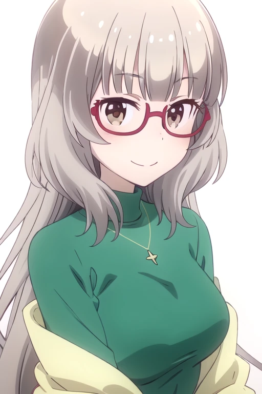 solo, 1girl, looking at viewer, 2D, anime, anime coloring, upper body, (solid white background:1.3), <lora:shizuku-newgame:0.8>, shizuku hazuki, shawl, green sweater, turtleneck sweater, necklace, smile