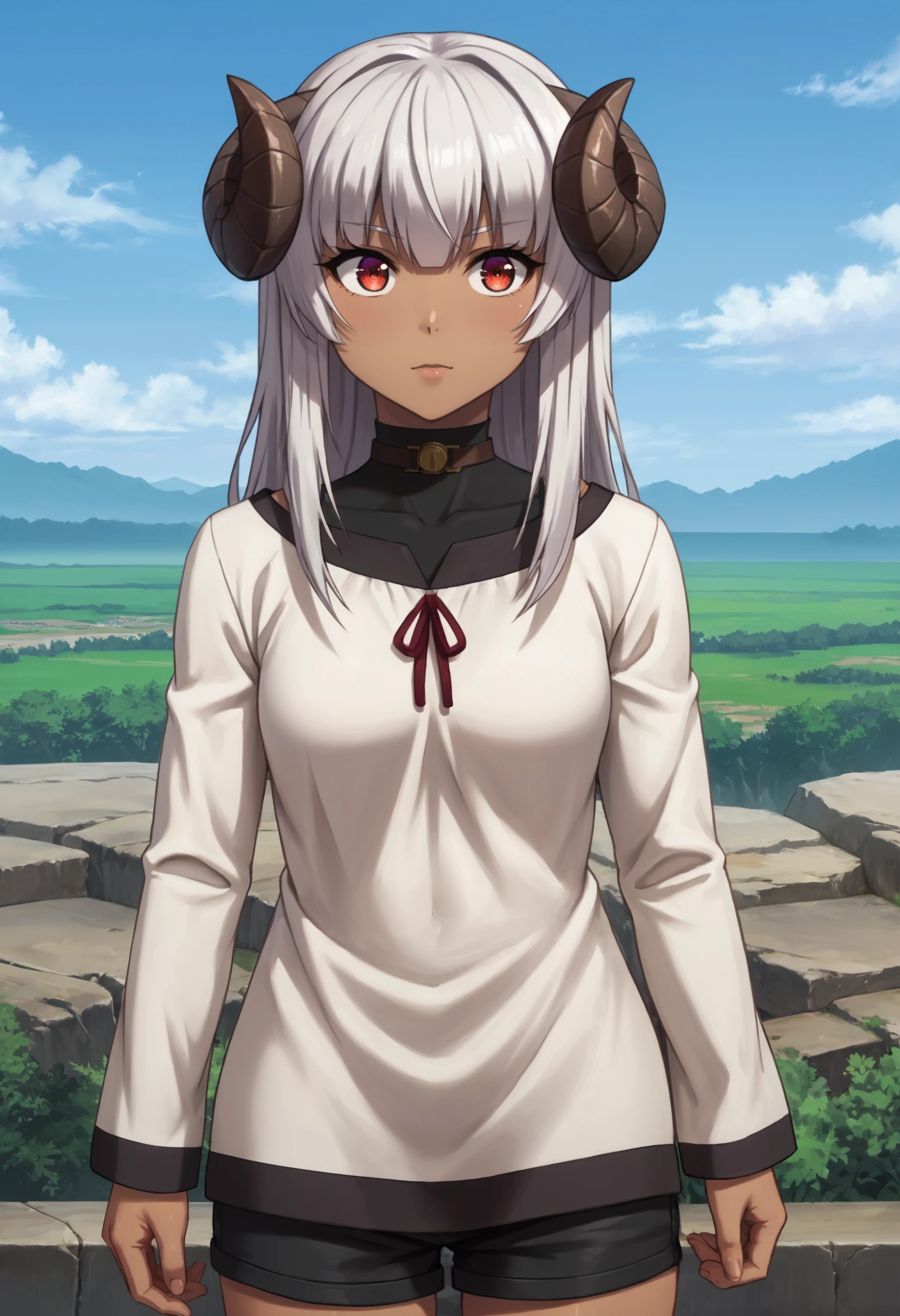 zPDXL, source_anime, 1girl, solo, BREAK
felm, horns, dark-skinned female,
white dress, covered collarbone, long sleeves, black shorts, choker,
standing, cowboy shot, 
outdoors, blue sky,
 <lora:felm-pony-kohya10-000009:0.8>