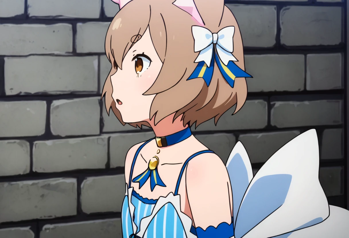<lora:felix_argyle:1> dress, felix argyle, male focus, 1boy, animal ears, otoko no ko, choker, bow, brown hair, solo, from side, detached sleeves, cat ears, white bow, dress bow, hair bow, bolo tie, brick wall, short hair, spaghetti strap, vertical-striped dress, striped dress, upper body, pendant, striped, ribbon, bare shoulders, thick eyebrows, blue choker, bangs, profile, parted lips, collarbone, striped ribbon, jewelry, large bow, blue ribbon, vertical stripes, short eyebrows, arm ribbon, open mouth, brown eyes, blue dress, lace-trimmed sleeves, frills, hair between eyes, parted bangs, hair ribbon, eyelashes