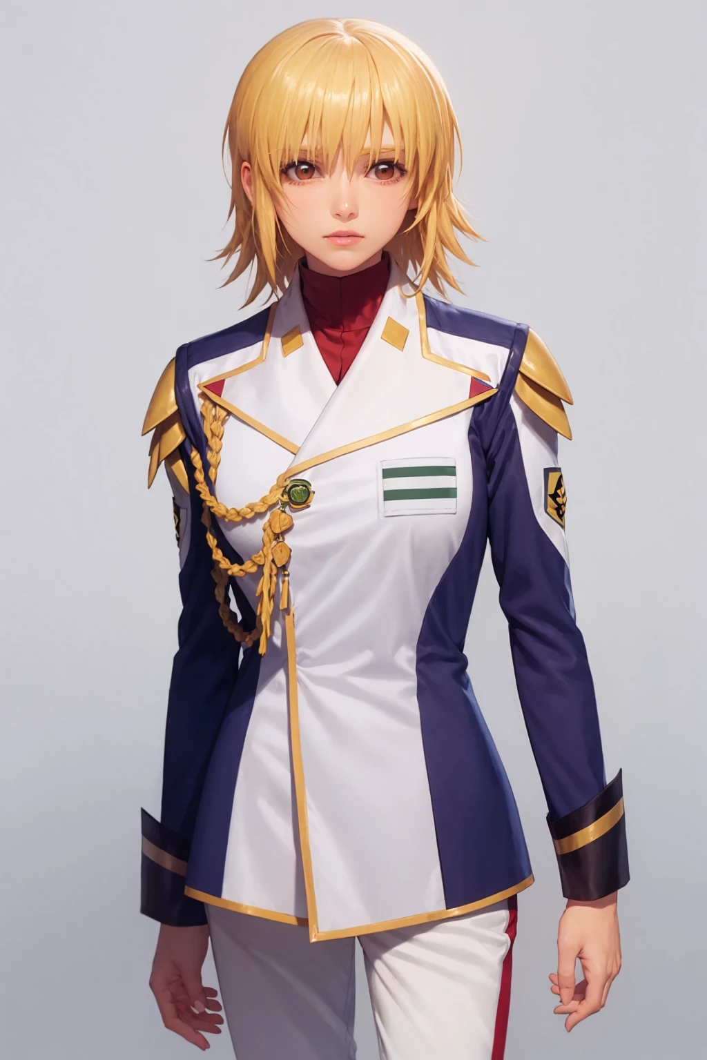 masterpiece, best quality, <lora:cagalli:1>,
1girl,blonde hair, short hair,brown eyes, military uniform, white jacket,white pants,
cowboy shot, grey background,