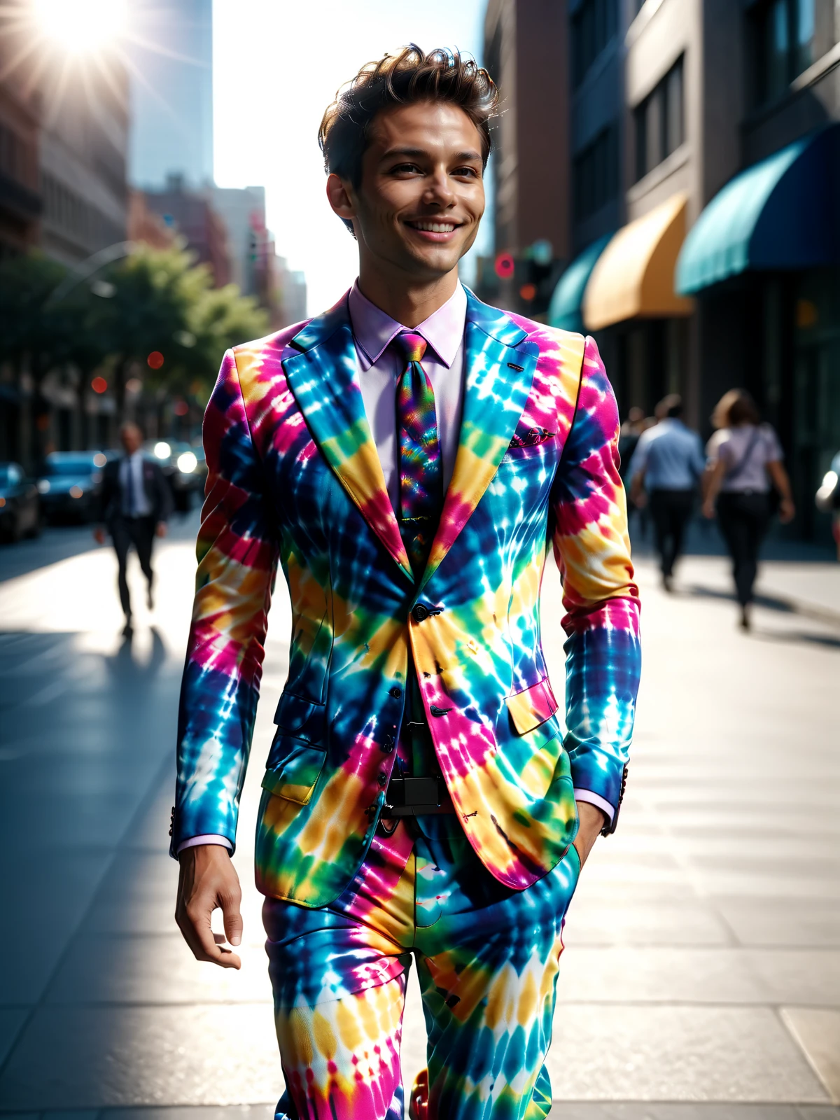 man wearing a colorful mad-tie-dye suit walking through city, dynamic_pose, from side, light smile, cinematic shot <lora:Colorful_TieDye_SDXL_v2:1>, masterpiece, best quality, ultra high res, (photorealistic, realistic:1.2), deep shadow, raw photo, film grain, Fujifilm XT3, 8k uhd, dslr