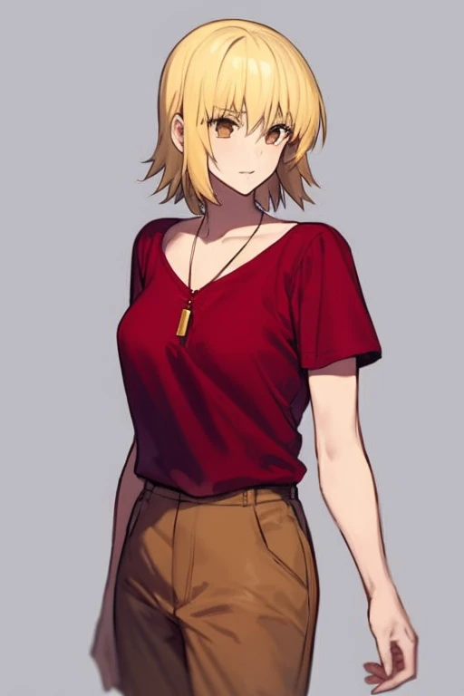 masterpiece, best quality, <lora:cagalli:1>,
1girl,solo,blonde hair, short hair,brown eyes, necklace, red shirt,short sleeves, brown pants,
cowboy shot, grey background,