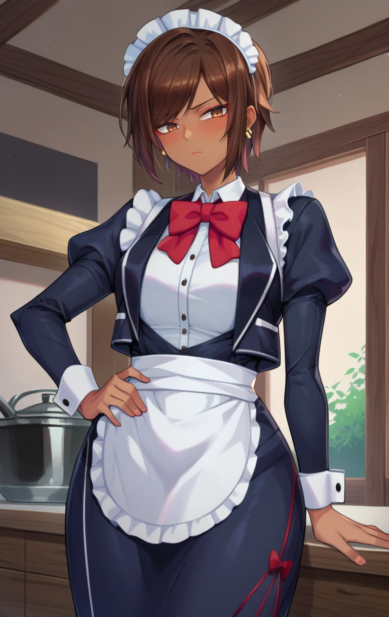 score_9, score_8_up, score_7_up, BREAK <lora:outis:1> outisSDXL, 1girl, solo, looking at viewer, blush, short hair, brown hair, long sleeves, dress, bow, brown eyes, jacket, cowboy shot, earrings, puffy sleeves, belt, dark skin, bowtie, apron, red bow, dark-skinned female, hand on hip, maid, maid headdress, red bowtie, maid apron,