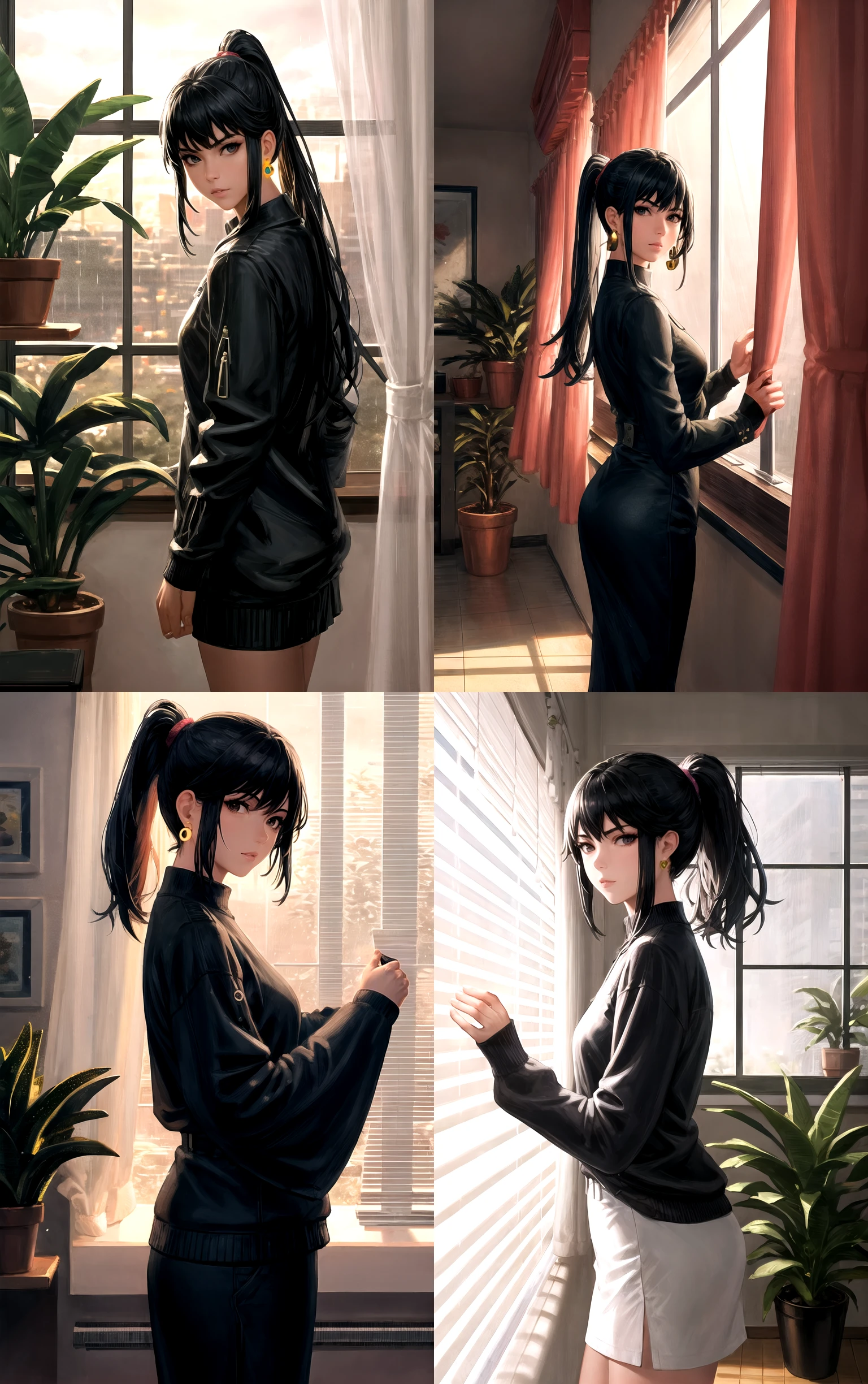 ARTSTYLE_guweiz_ownwaifu,
1girl, black hair, long hair, jewelry, long sleeves, bangs, earrings, ponytail, rain, dark, indoors,
{<lora:ARTSTYLE_guweiz_ownwaifu:1>|<lora:ARTSTYLE_guweiz_ownwaifu:0.9>|<lora:ARTSTYLE_guweiz_ownwaifu:0.8>|<lora:ARTSTYLE_guweiz_ownwaifu:0.7>},
((masterpiece)),((best quality)),(highres, absurdres), original, official_art, chromatic_aberration, bokeh, depth_of_field, window, wisteria, loaded_interior, skylight, sunset, indoors, window_shade, window_blinds, curtains, potted_plant, focused, looking at viewer, solo, cowboy shot,