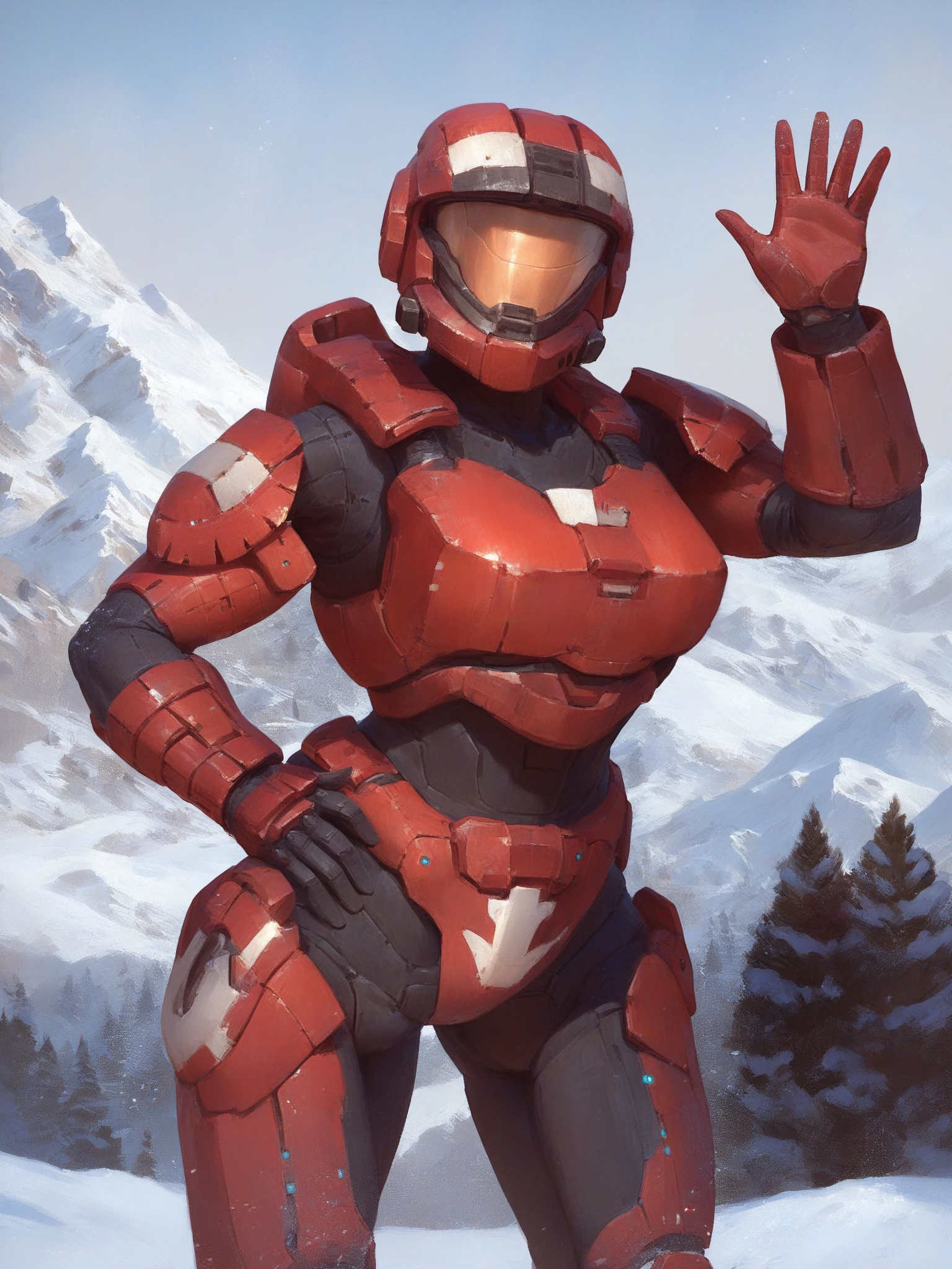 score_9, score_8_up, score_7_up, score_6_up, score_5_up, score_4_up, spartan \(halo\), (1girl, female:1.2), solo, standing, helmet, faceless, armor, gloves, power armor, crotch plate, breastplate, outside, snow, mountain, looking at viewer, waving at viewer, waving, hand on hip, red armor, looking at viewer, pose, gesture, excited
<lora:spartan_pdxl:1>