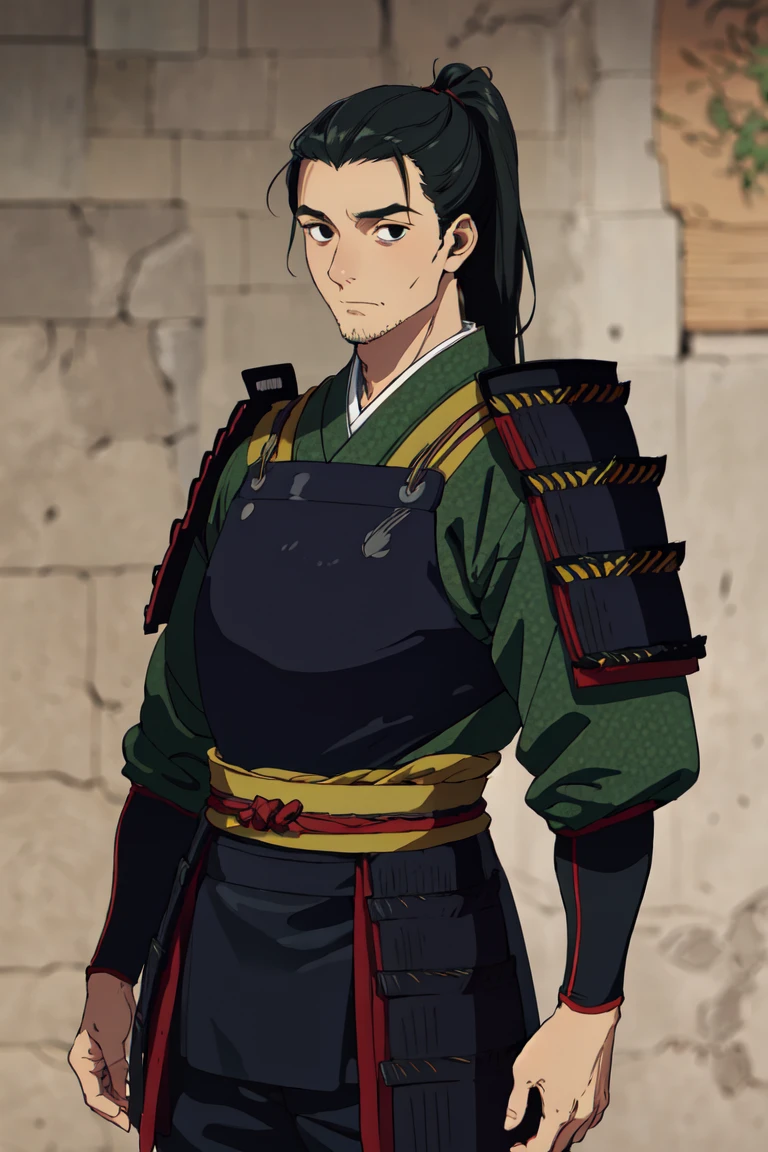 solo male, Shuro \(Delicious in Dungeon\), samurai, black eyes, black hair, ponytail, stubble, japanese armor, green Juban \(kimono\), breastplate, kusazuri, shoulder armor, sode, kote, puttee, sandals, handsome, charming, alluring, standing, upper body, perfect anatomy, perfect proportions, best quality, masterpiece, high_resolution, dutch angle, cowboy shot, photo background,Shuro<lora:EMS-352607-EMS:0.800000>