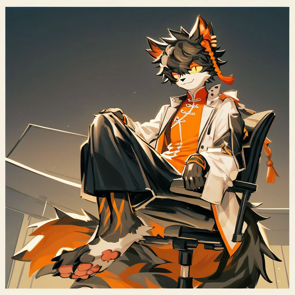 score_8_up, 4k, (anime, furry, kemono, soft lighting) 1boy, laboratory scene, solo anthro male feline (Aak (Arknights)), smug, white face, black nose, slim body, black hair, orange braid, yellow sclera, fluffy tail, slit pupils, chinese clothing, orange vest, orange mascara, white coat, black pants, sitting on office chair, paws, pink pawpads, black claws,