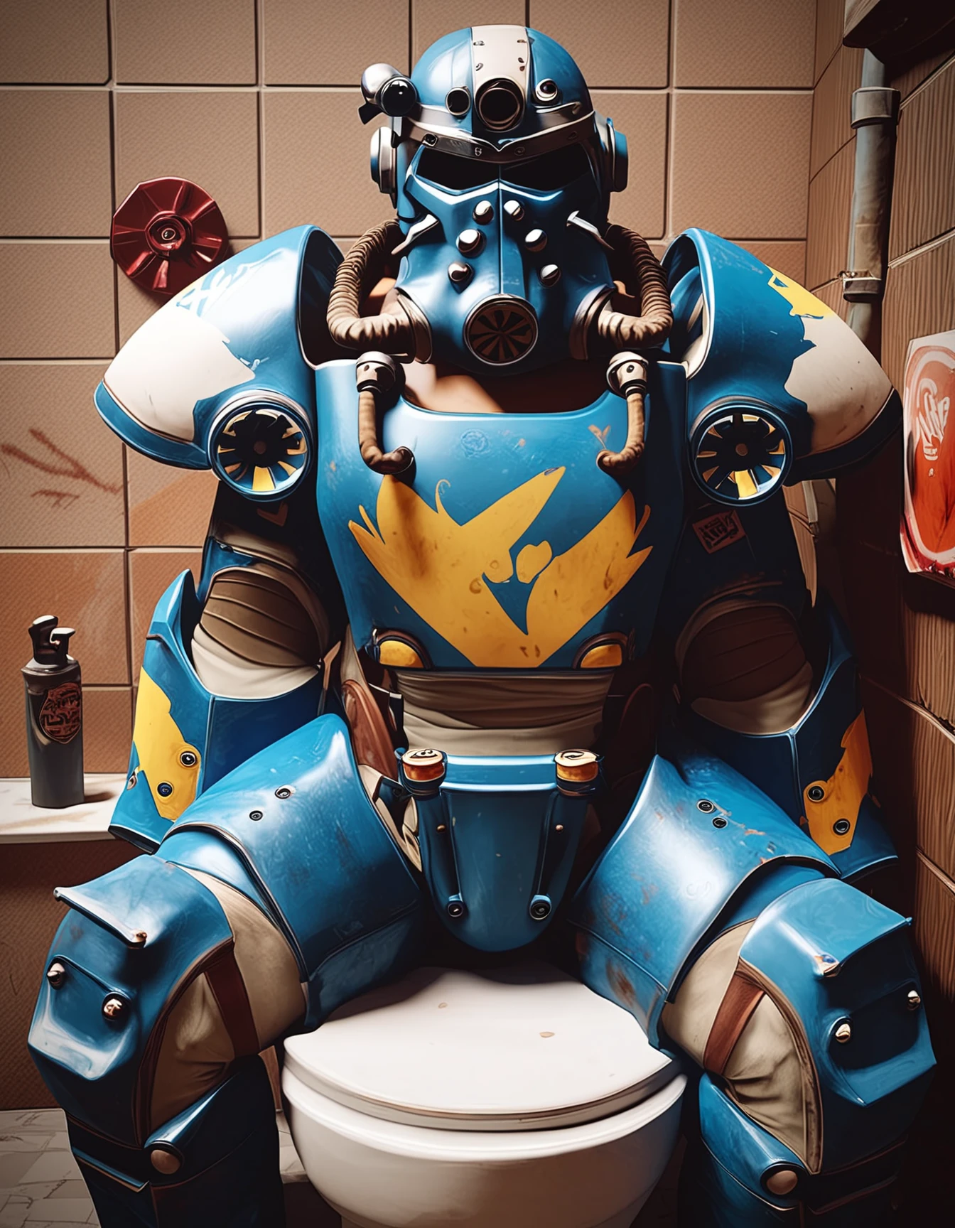 score_9, score_8_up, score_7_up,2people,
(cose up:1.45), of a helmet,solo, power armor,sitting on a white (toilette,:1.3), in a bathroom, fallout,
