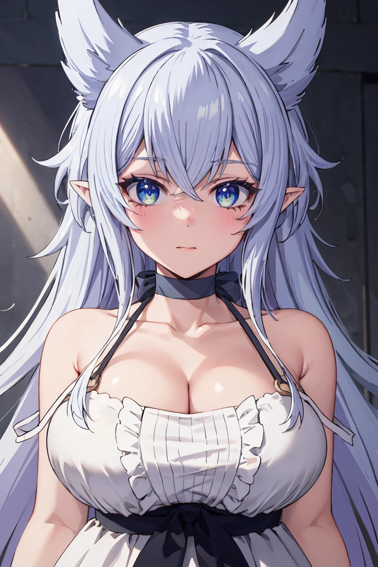 masterpiece, best quality, ultra-detailed, glistening shiny, glowing light, ray tracing, HDR, deph of field, (perfect face, detailed face),  <lora:Fenrys:0.7>, fenrys, long hair, blue eyes, hair flaps, pointy ears, large breasts, white dress, black bow, gray choker, strap slip, cleavage