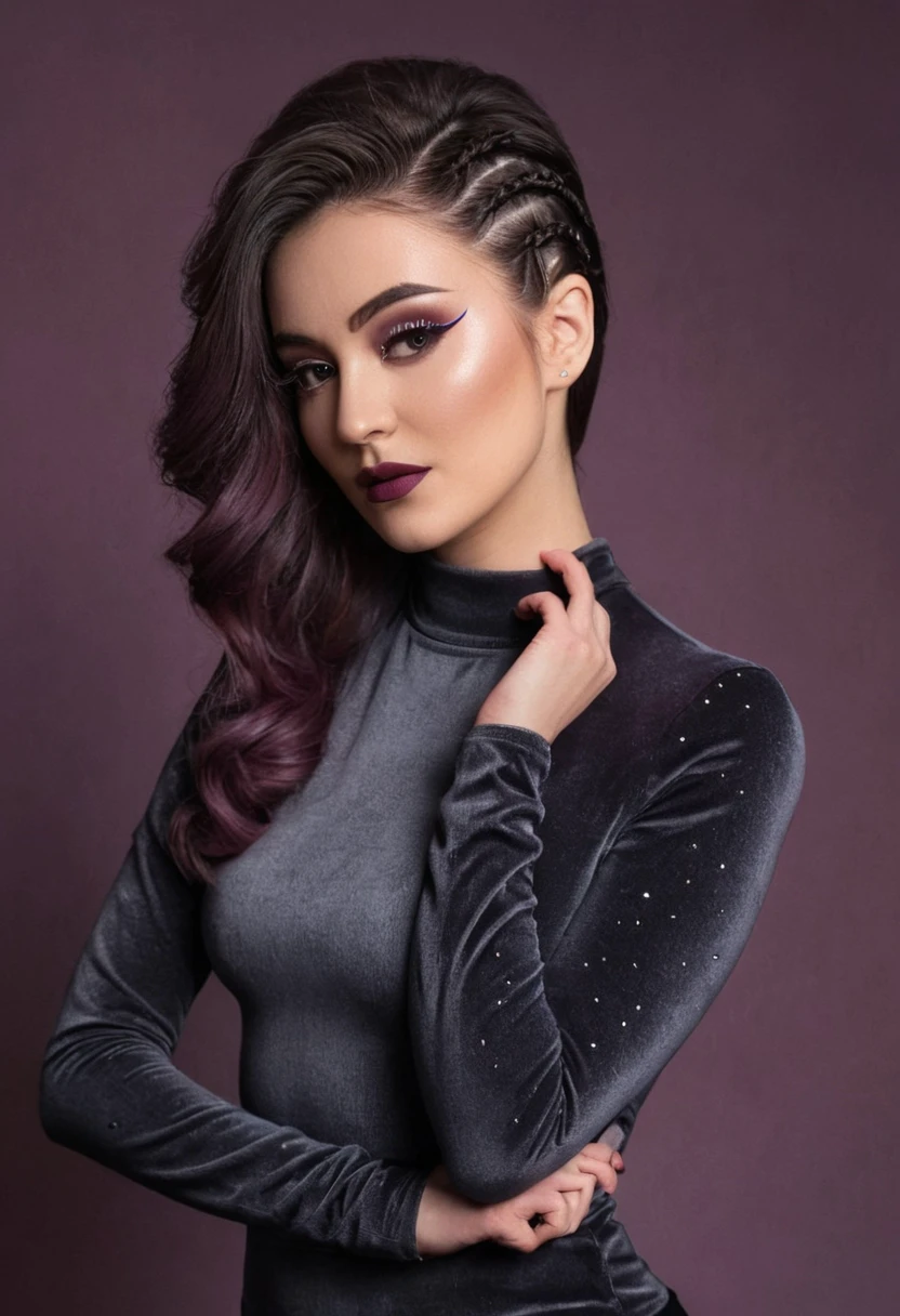 Profile Shot, cinematic film still of extremely beautiful woman, long hair, short sidebraid, looking at viewer, Standing with Hands in Pockets, Hips Thrust Forward, Plum and charcoal grey hair, Editorial photography Vintage Vintage/Retro Makeup, model face, 22 years old, Rim Lighting, Velvet bodysuit and rhinestone-studded jeans