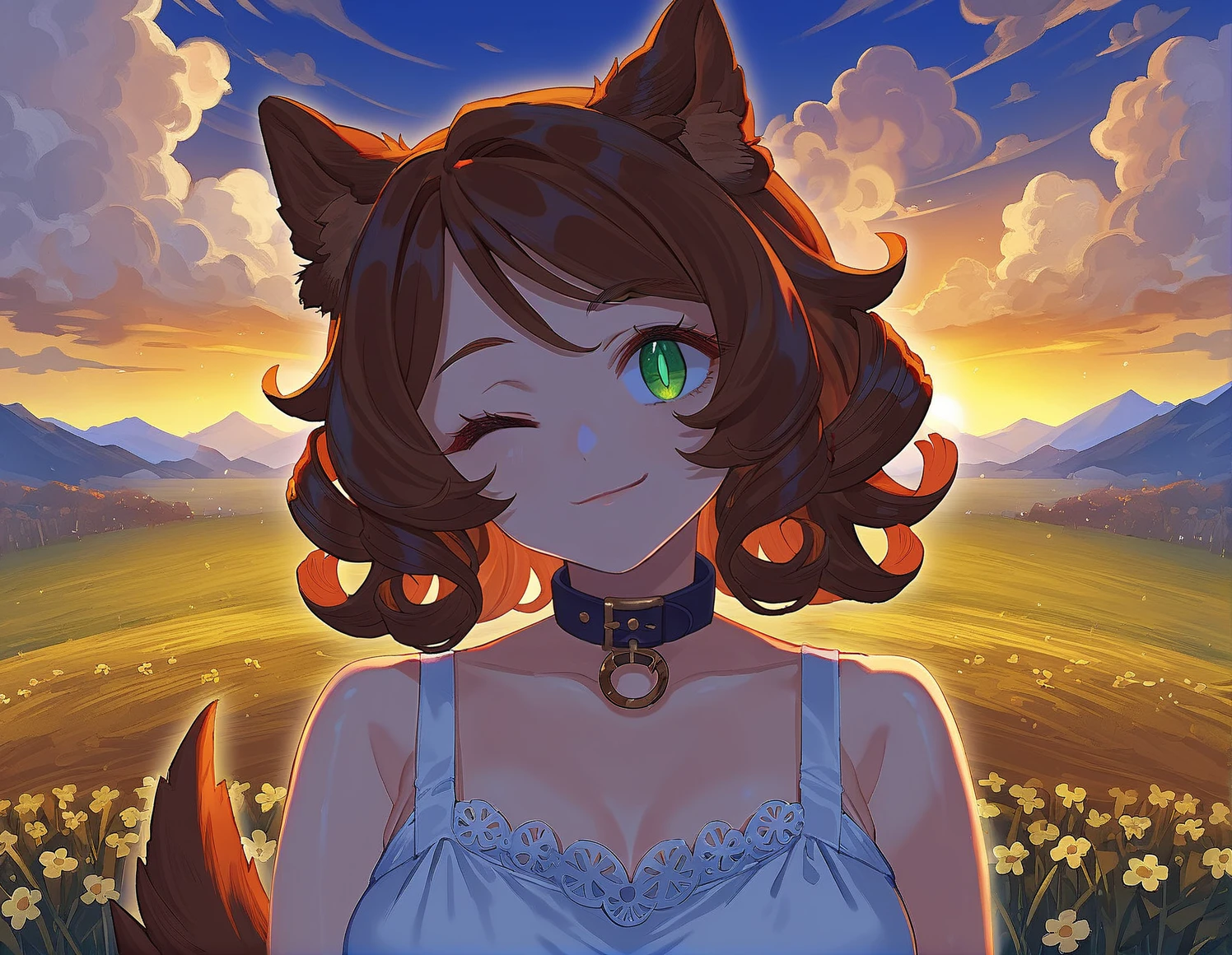 source_anime, score_9, score_8_up, score_7_up,
<lora:CHAR_mintcastella_ponyxl_v1a02-000035:1>  solo, 1girl, volumetric lighting, golden hour, upper body, curvy, 
official art, dog ears, dog girl, dog tail, medium hair, brown hair, green eyes, white pupils, green nails, animal collar, 
field, mountainous horizon, cloud, one eye closed, loving aura, light smile, sundress, curly hair, looking at viewer, pov