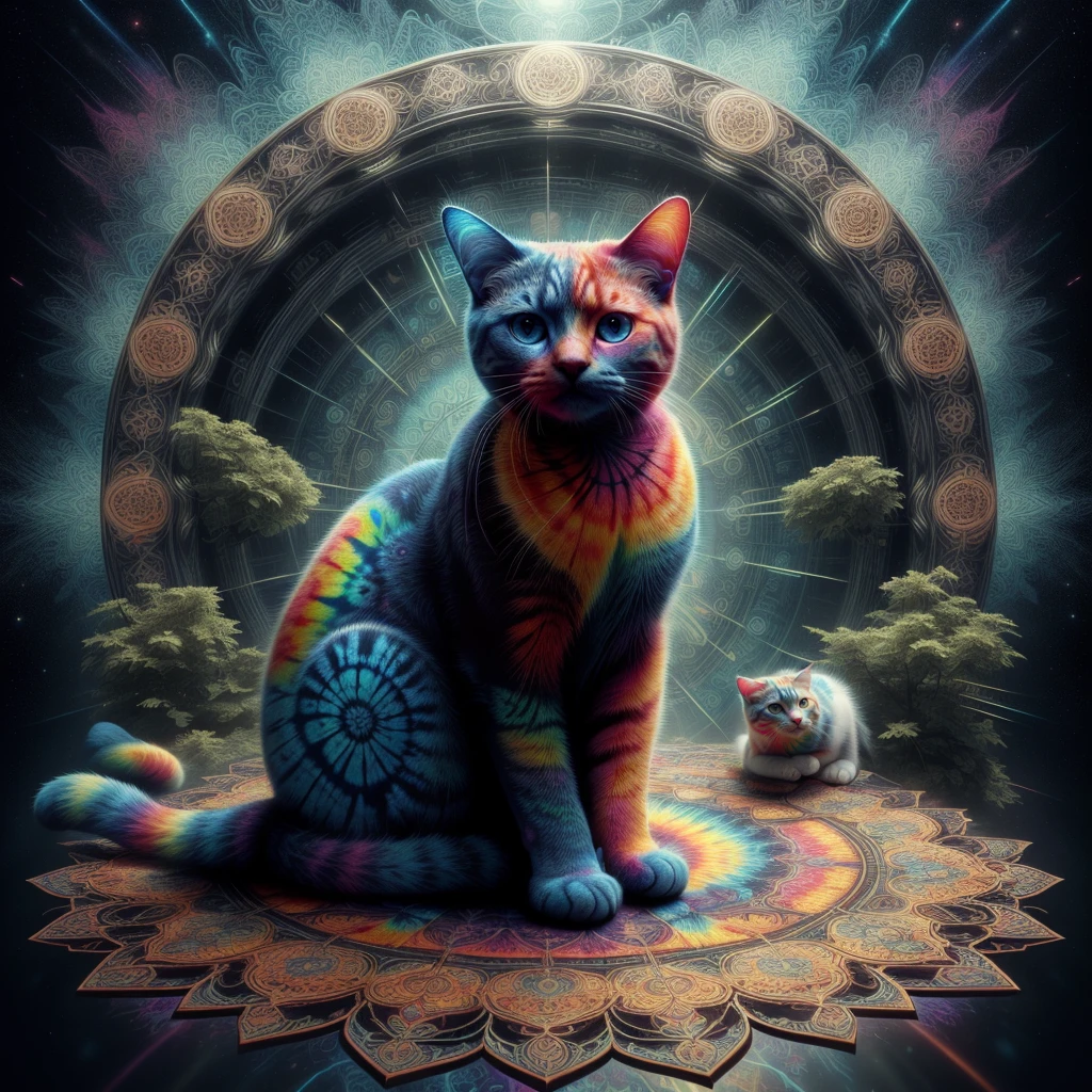 <lora:EPtiedyeworld:0.8>,eptiedyeworld, scifi, caustics, psychedelic,
 an adorable cat holding a fish