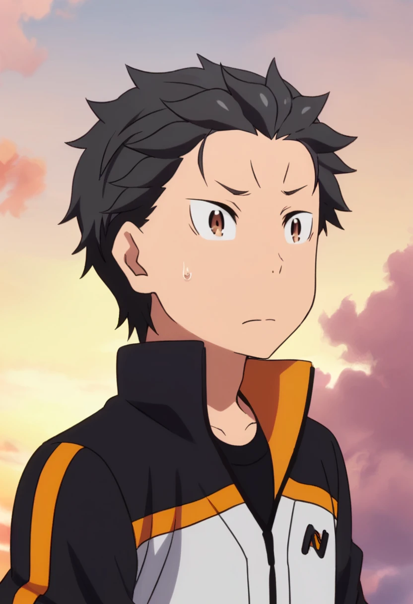 <lora:natsuki_subaru:1> natsuki subaru, 1boy, male focus, solo, black hair, short hair, brown eyes, jacket, hair slicked back, cloud, sky, outdoors, track jacket, closed mouth, upper body, cloudy sky, shirt, sweatdrop