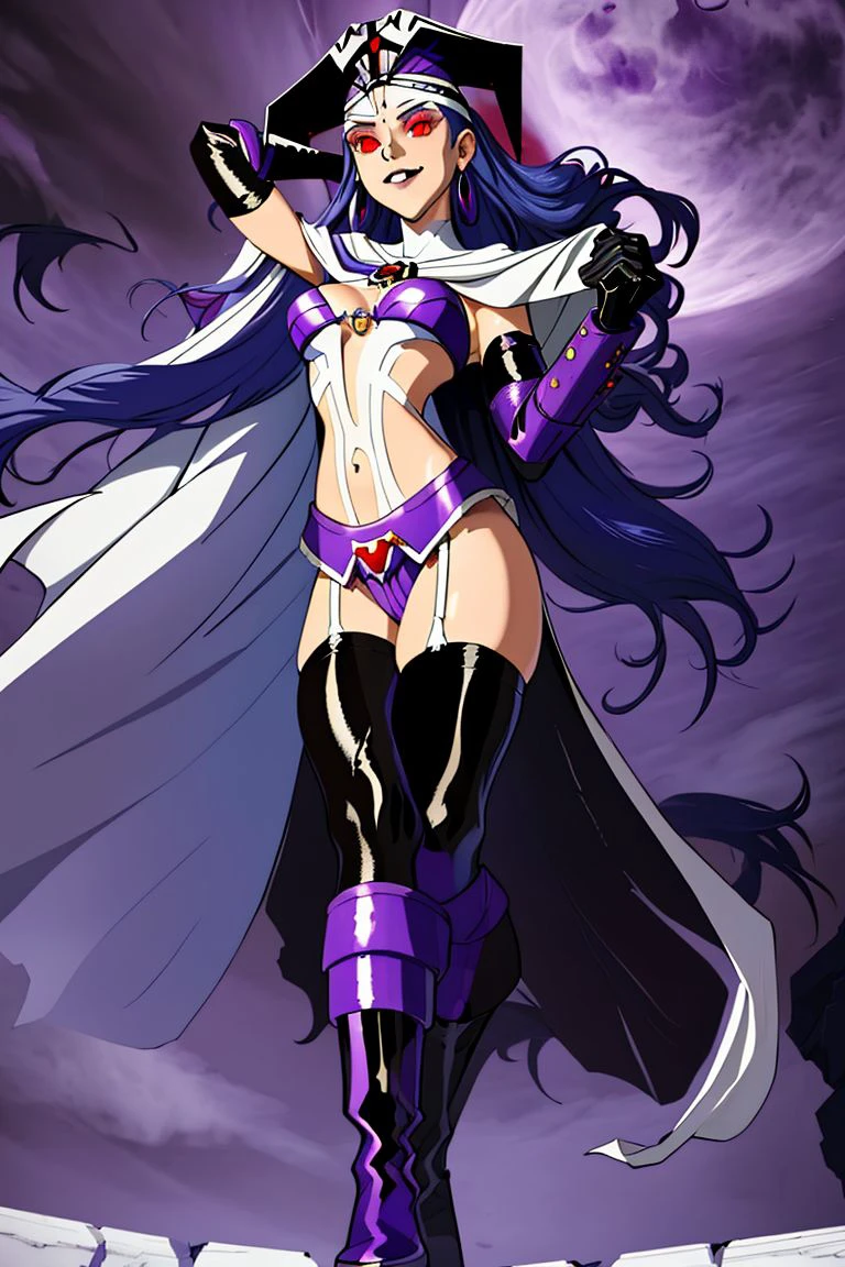 high resolution, masterpiece, high quality, perfect face,  <lora:DarkAlthena-000001:.9> Althena, red eyes, purple bikini, white straps, white cape, black gloves, purple gauntlets, black stockings, long blue hair, black tiara, seductive smirk, extremely glossy, purple boots, full body, arms raised