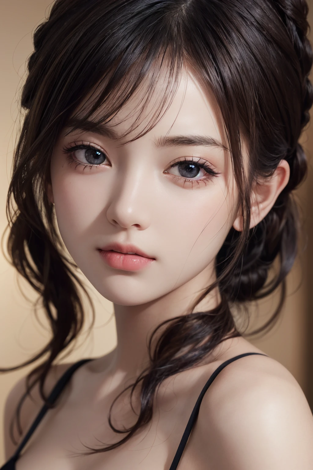 1girl, upper body, (masterpiece, best quality), RAW photo, 16k wallpaper, extremely detailed CG, amazing, ultra detailed, hyperrealistic, official art, High quality texture, incredibly absurdres, highres, 18 years old, cute girl, beautiful face, detailed large black eyes,