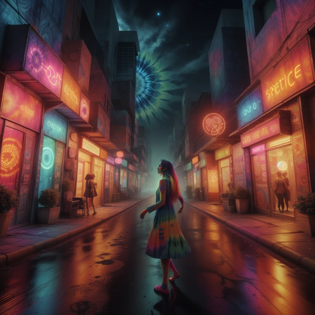 <lora:EPtiedyeworld:0.8>,eptiedyeworld, scifi, caustics, psychedelic,
 scholar, robe, mature woman, long hair, multicolored hair, glowing eyes, full body, alley, outdoors, neon lights, city, night