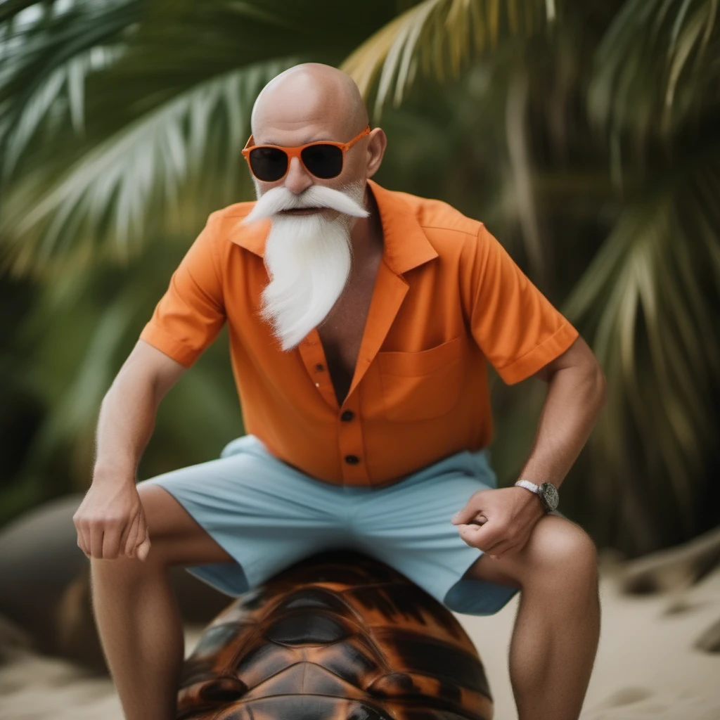 cinematic photo a very skinny and short bald old man with sunglasses and a white beard, wears ((an orange button-up shirt with a letter print)) and blue bermuda and sandals, wears a ((giant turtleshell on his back)), beach, jungle <lora:MasterRoshi1024-40:0.8> . 35mm photograph, film, bokeh, professional, 4k, highly detailed