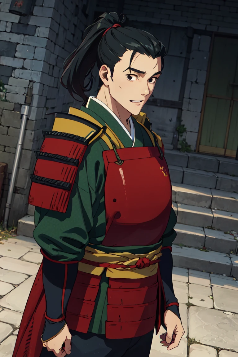 solo male, Shuro \(Delicious in Dungeon\), samurai, black eyes, black hair, ponytail, neat hair, shaved face, energetic, good mood, japanese armor, green Juban \(kimono\), breastplate, kusazuri, shoulder armor, sode, kote, puttee, sandals, handsome, charming, alluring, standing, upper body, perfect anatomy, perfect proportions, best quality, masterpiece, high_resolution, dutch angle, cowboy shot, photo background<lora:EMS-352607-EMS:0.800000>