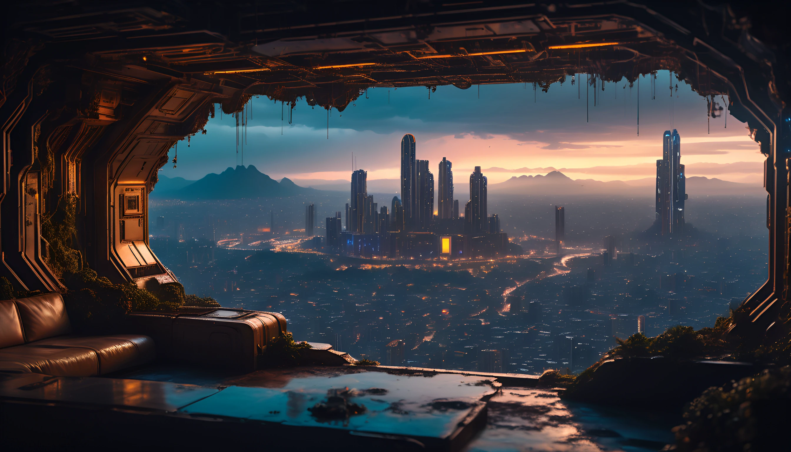 photograph, landscape of a Mythical Grotto from inside of a Harare, at Twilight, Depressing, Cloudpunk, Cold Lighting, dynamic, Nikon d850, Depth of field 270mm, Amaro, Golden ratio, overlooking a futuristic sci-fi city, 4k