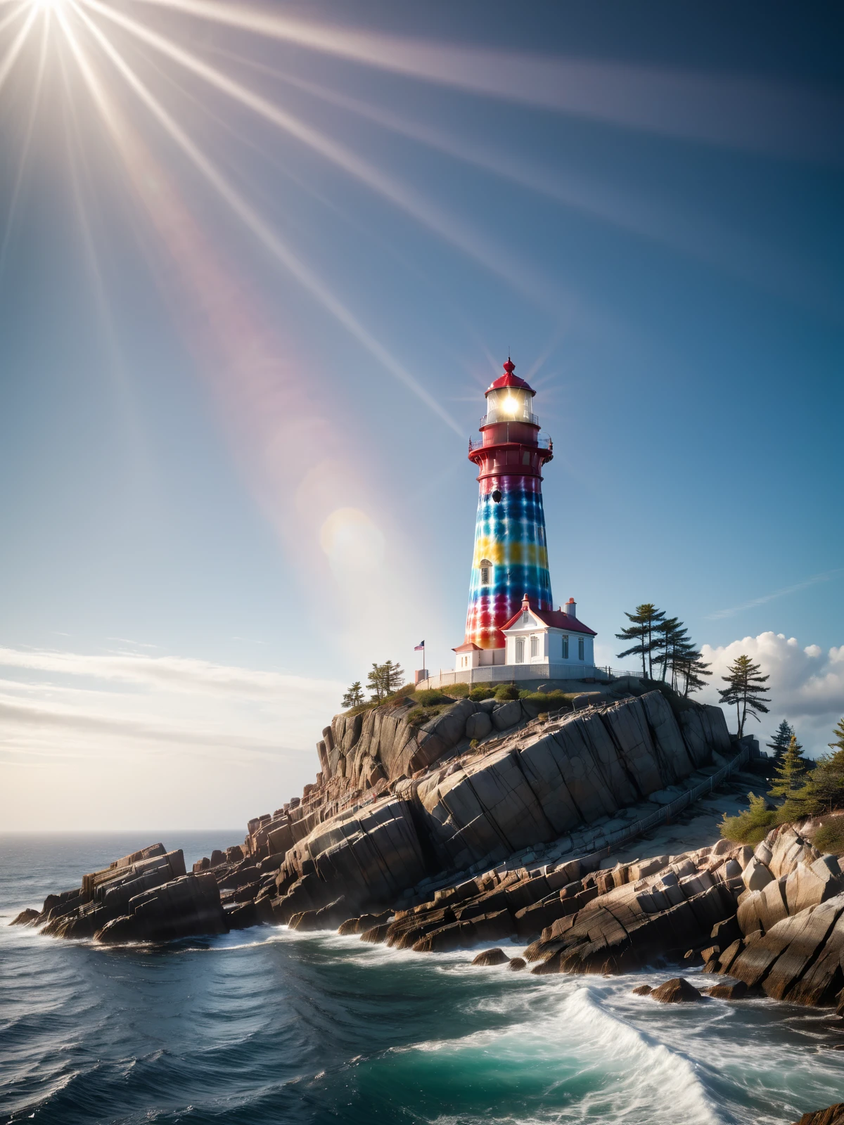 colorful mad-tie-dye lighthouse on a rocky island in the clouds, haze, god rays, cinematic shot  <lora:Colorful_TieDye_SDXL_v2:0.8>, masterpiece, best quality, ultra high res, (photorealistic, realistic:1.2), deep shadow, raw photo, film grain, Fujifilm XT3, 8k uhd, dslr