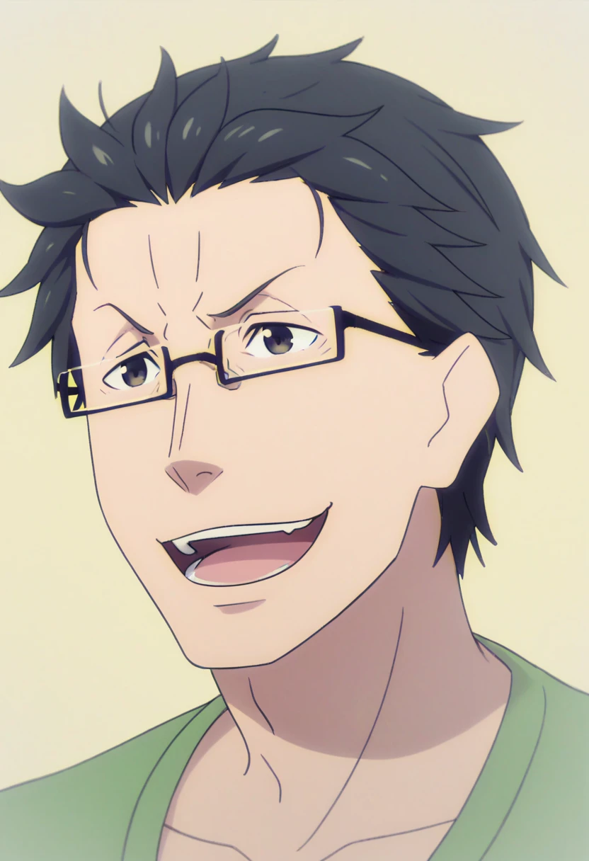 <lora:Natsuki_Kenichi:1> Natsuki Kenichi, 1boy, male focus, solo, glasses, open mouth, black hair, smile, simple background, collarbone