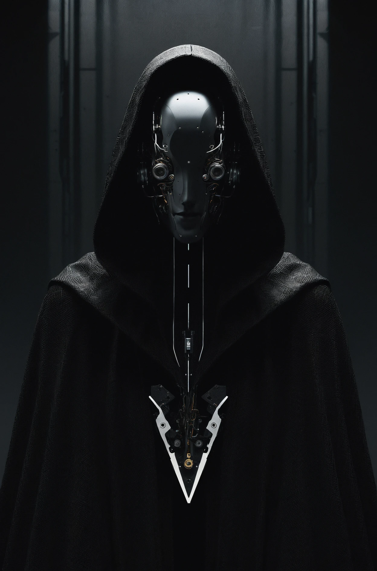 photography aesthetic,Mysterious figure clad in a cloak, robotic face obscured by shadows, intricate mechanical details suggesting advanced technology, a fusion of organic and cybernetic elements, dark and moody atmosphere, monochromatic palette predominantly black and dark grey, subtle texture variances hint the interplay of different materials, strong contrast emphasizing the silhouette and reflecting a cinematic concept art style, enigmatic presence reminiscent of sci-fi and cyberpunk themes, minimalist background focusing attention on the character, futuristic design marrying form and function in a haunting visual narrative.,high-resolution