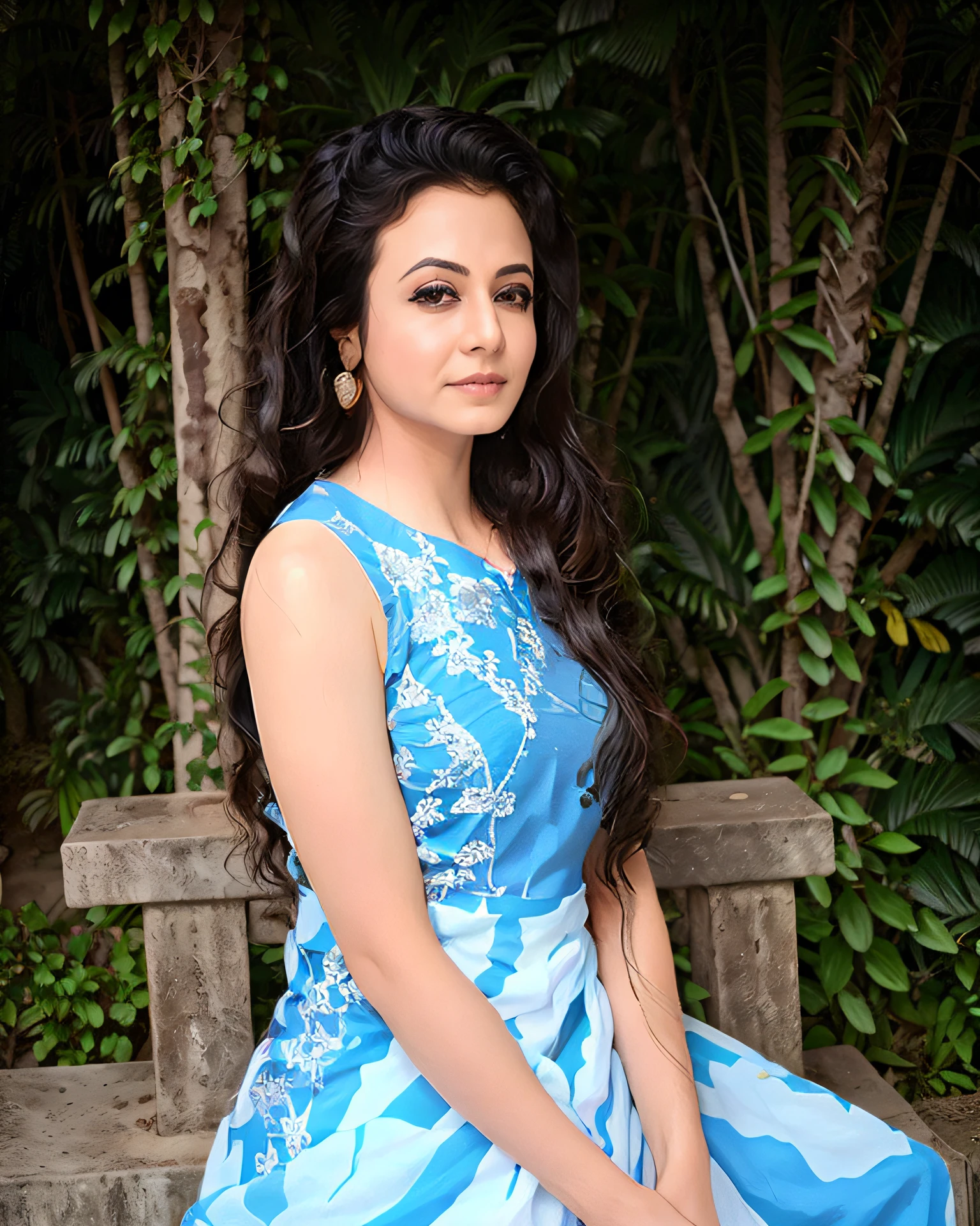 professional full-body photo of a 30-year-old woman, koel, conservatively dressed in intricate Blue clothing, dynamic pose, serious expression, solo, outdoors  in a botanical garden <lora:koel_Koel_Mallick_SD15_LoRA_prodigy_local_regs-000003:1>