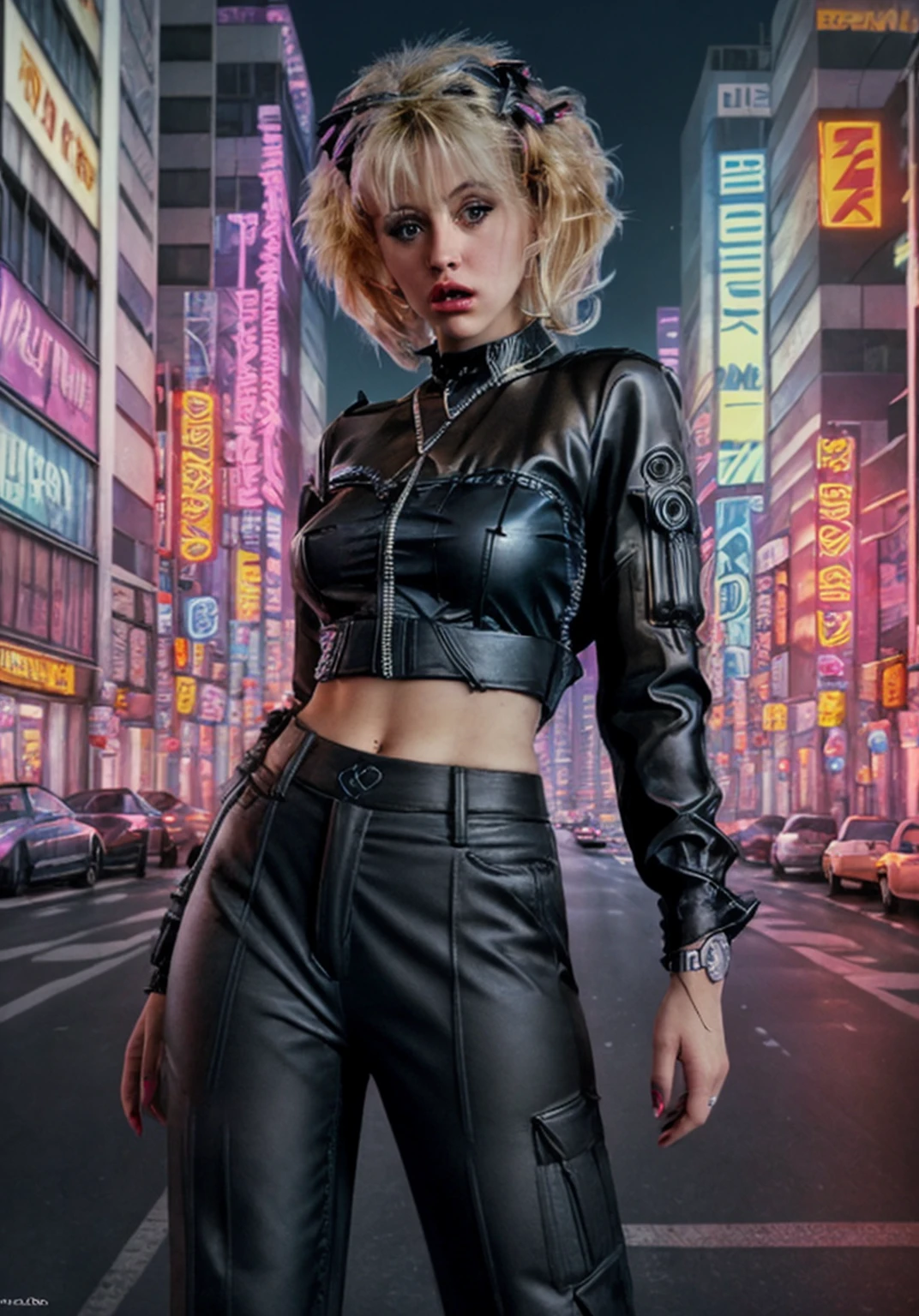 barbiedahl123 woman of the future, blonde hair, futuristic design, electronic artwork, manga character, techno-noir, animated drawing, vintage futurism, pan futurism, dystopian cyberpunk, (black skirt:1.2), (black top:1.1), (black pants:1.4), neon-lit urban landscape, dark and gritty, high-tech, graffiti, futuristic gadgets, cinematic, detailed cityscape, moody lighting, ultra-detailed, urban landscape, high-tech implants, augmented reality, high quality, absurdres, <lora:breastsizeslideroffset:-0.4>, <lora:barbiedahl123:1>,