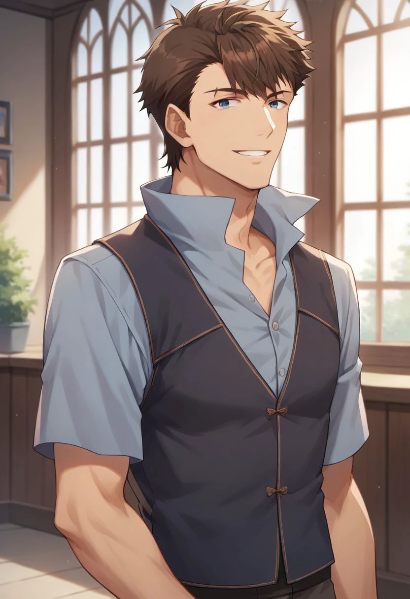 score_9, score_8_up, score_7_up, source_anime, 
1boy, solo, adult, brown hair, blue eyes, dark vest, blue shirt, looking at viewer, smile, house, indoors,
masterpiece, best quality, very aesthetic, absurdres