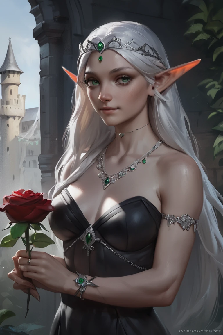 score_9, score_8_up, score_7_up, rating_safe, concept art, realistic, dark theme, low light, 1girl, solo, elf, pointy ears, breasts, long hair, very long hair, white hair, green eyes, portrait, looking at viewer, black dress, tiara, silver tiara, holding, holding flower, rose, red rose, necklace, jewelry, cowboy shot, standing, outdoors, castle