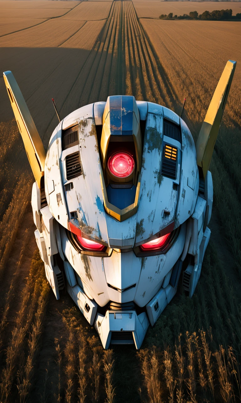 a gigantic gundam head lying in a field, best quality,  landscape, nature, masterpiece, intricate, highly detailed,  cinematic lights, <lora:abslandsdxl:0.9>, abslandsdxl, 4 fingers,