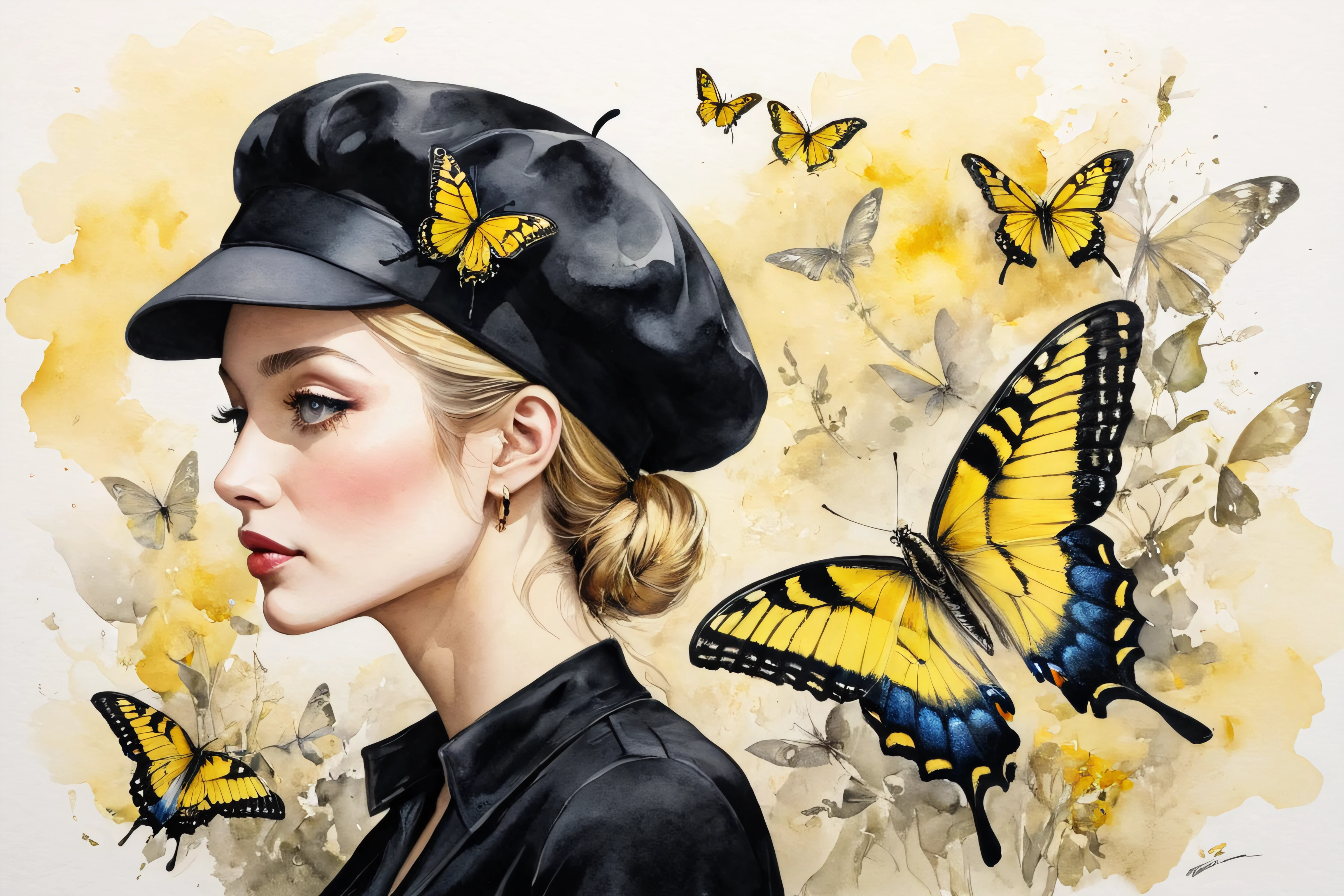 1woman, her beret is a butterfly, yellow and black stbutterfly, detailed, best quality, watercolor painting,