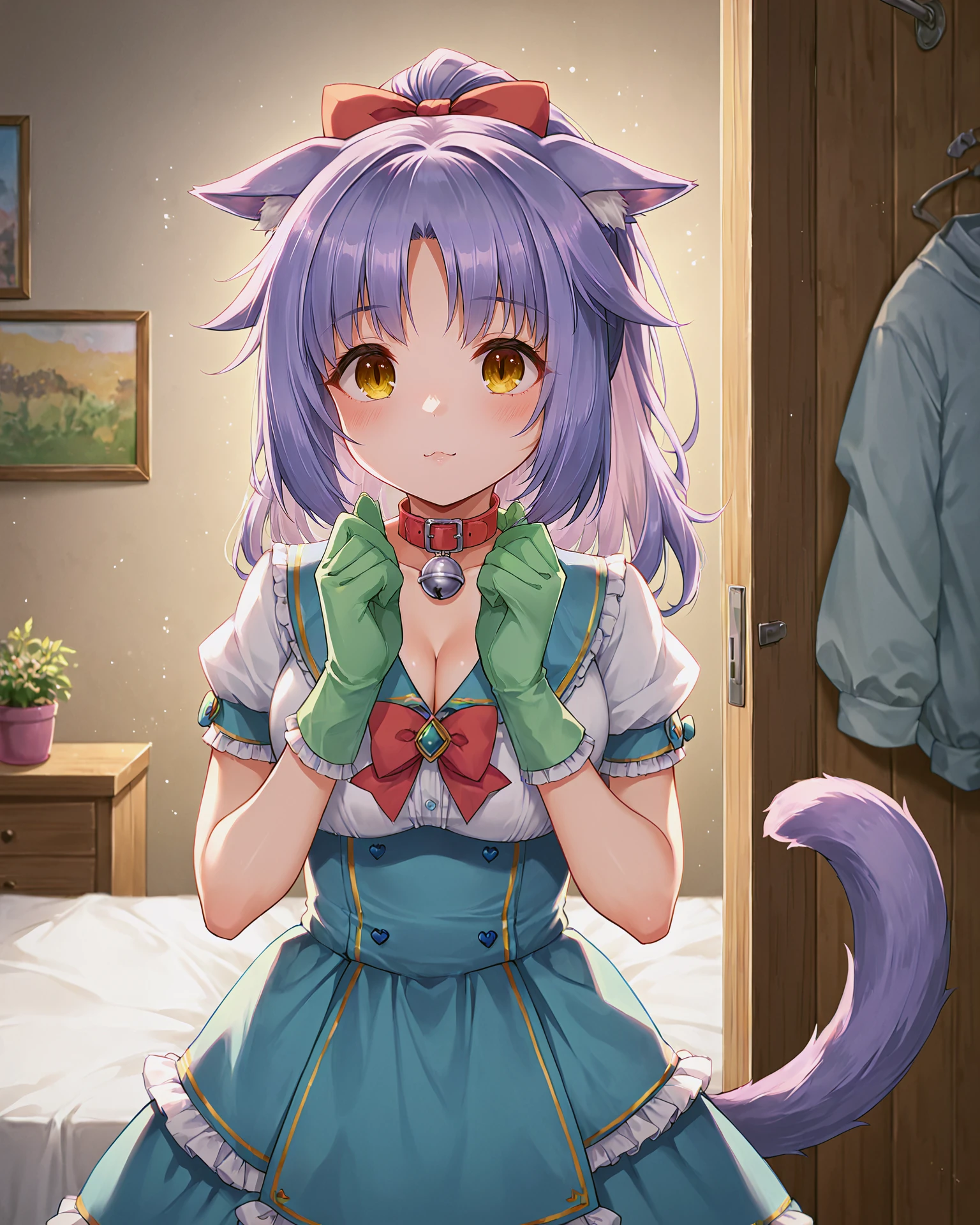 <lora:Neko_Cinnamon_XL:0.7> cinnamon, light purple hair, bangs, yellow eyes, cat girl, cat ears, cat tail, long hair, ponytail, hair ribbon, hair bow, bow, collar, bell, neck bell, ribbon, choker, gloves, green gloves, half gloves, frilled gloves, jewelry, dress, cleavage, blue skirt, frilled skirt, frills, white topwear, short sleeves, puffy sleeves, puffy short sleeves, upper body,, <lora:9_Detail_Tweaker_XL:0.8>, score_9, score_8_up, score_7_up, source_anime, masterpiece, best quality, highly detailed background, cinematic lighting, detailed eyes, perfect face,, lazy, ager room, messy, bedroom, bed sheet, closet,