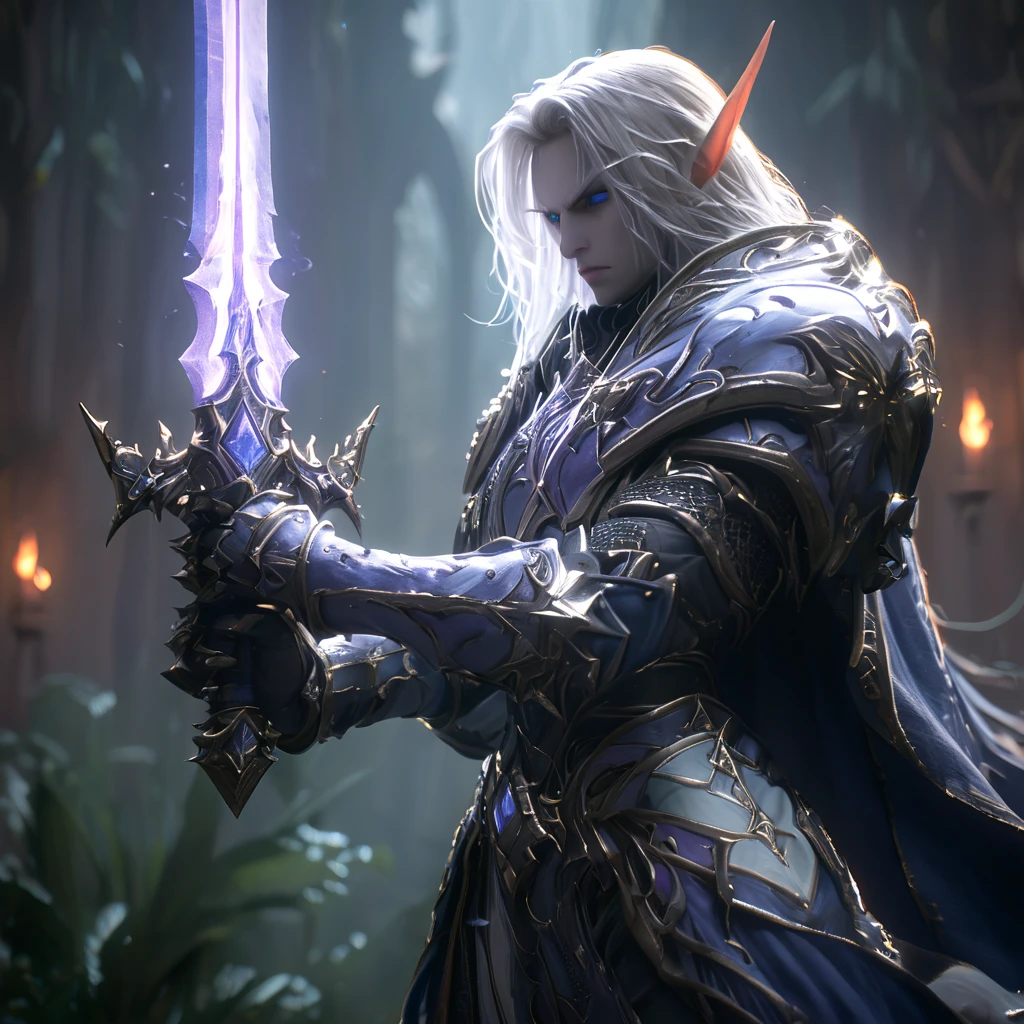 a cinematic shot of a female world of warcraft Night Elf knight, white beautiful hair, wearing white armor, holding a blue magical sword, hkelf, heaven in background, hkstyle, HD, masterpiece, best quality, hyper detailed, ultra detailed
